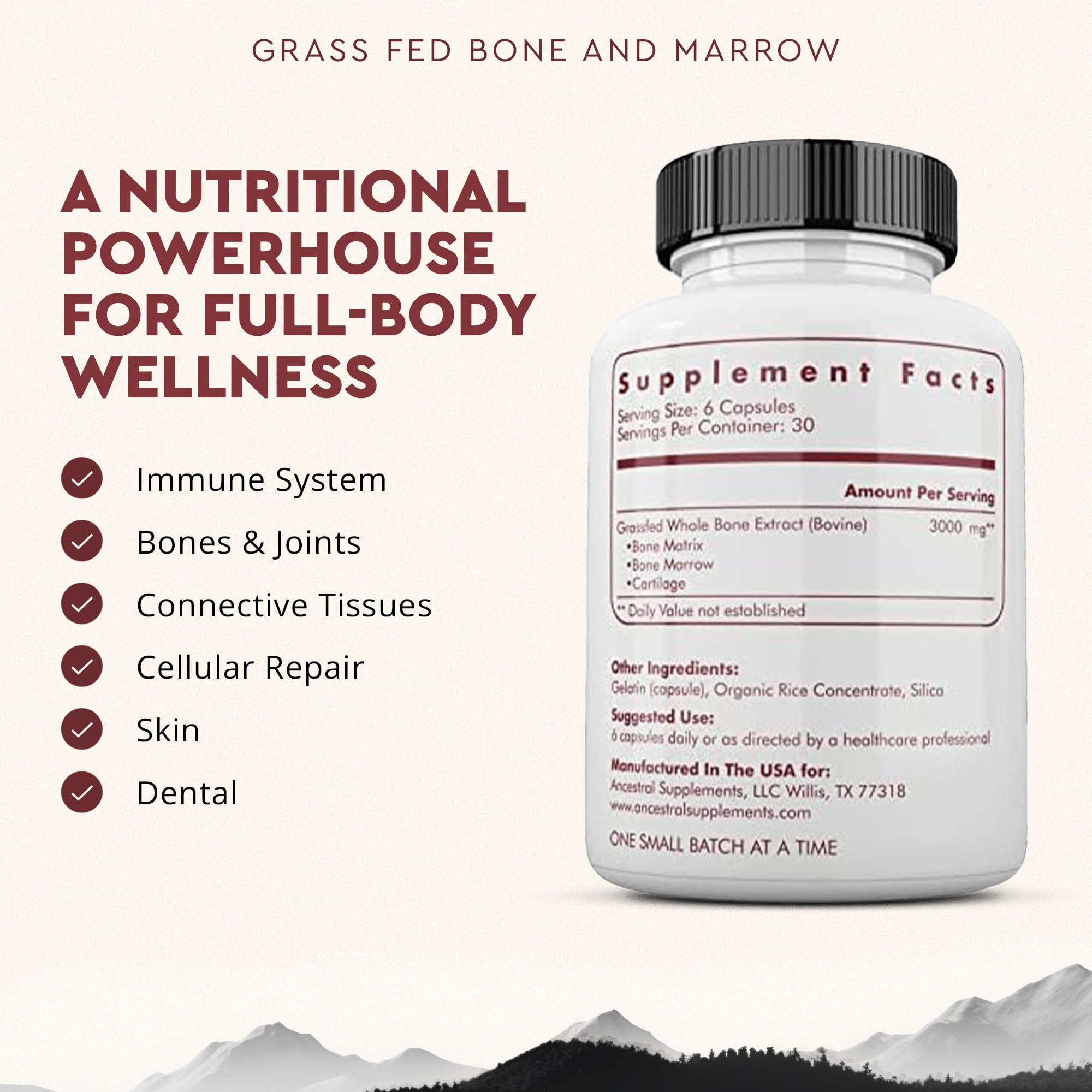 Ancestral Supplements Grass Fed Beef Bone and Marrow Supplement, 3000mg, Skin, Oral Health, and Joint Support Supplement, Promotes Whole-Body Wellness, Non GMO Whole Bone Extract, 180 Capsules