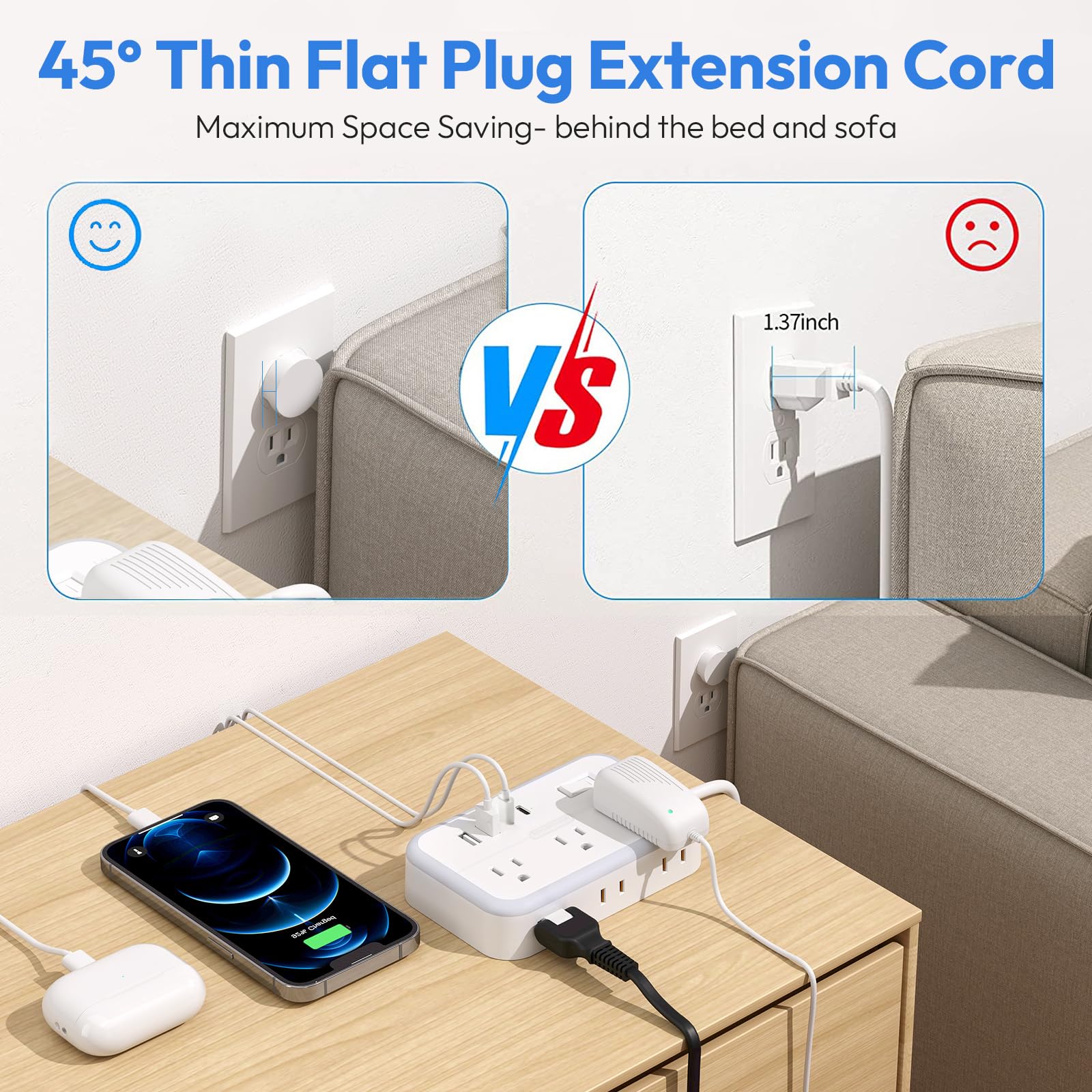 NTONPOWER Surge Protector Power Strip with USB, Flat Plug Extension Cord with 4 USB 6 Outlets, 5 Ft White Extension Cord, Overload Protection for Travel, Indoor, Home Office, Dorm Room Essentials