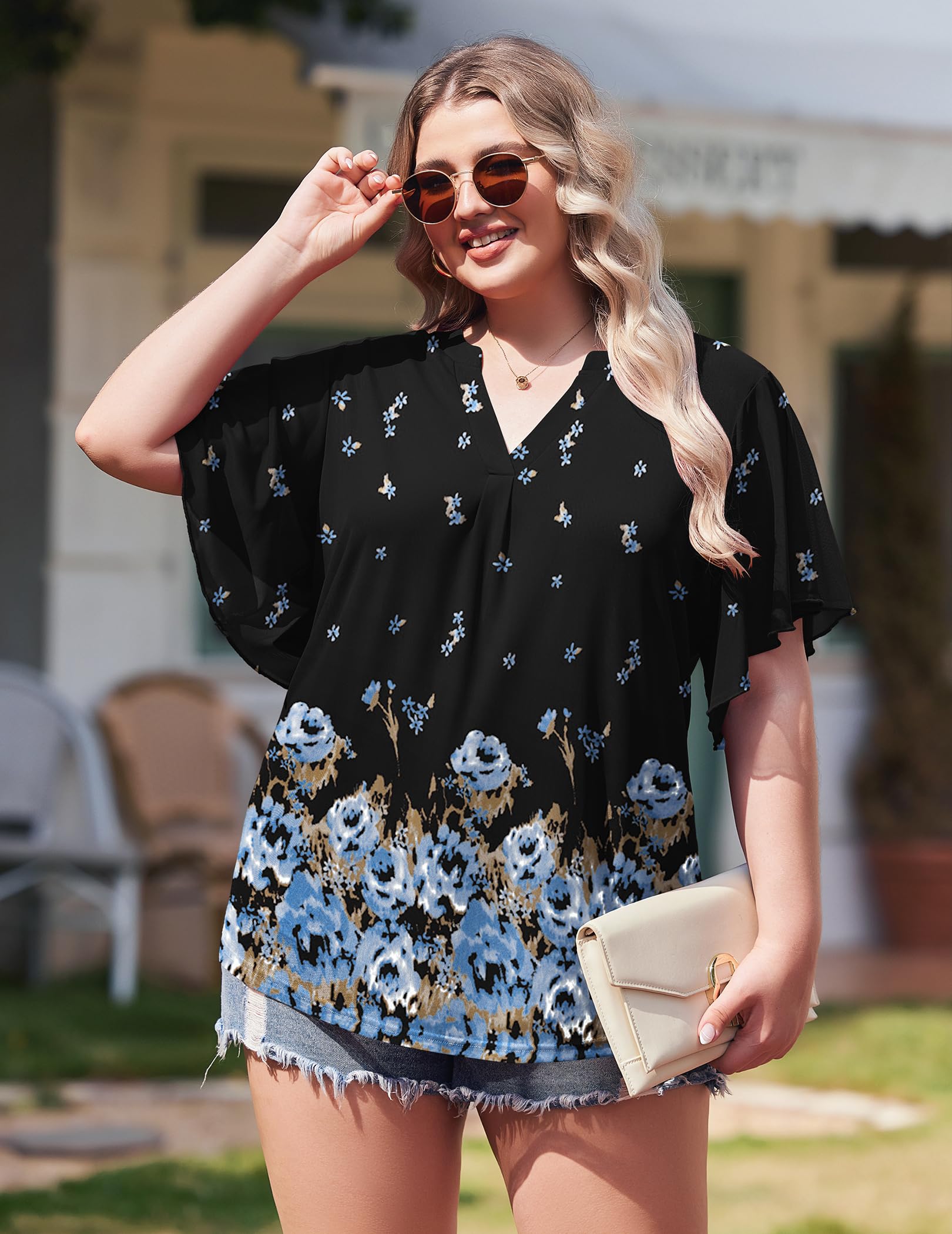 IN'VOLAND Plus Size Short Sleeve Tops for Women Ruffle V Neck Mesh Blouses Flowy Shirt Floral Double Layers Tunics 24W Black Blue