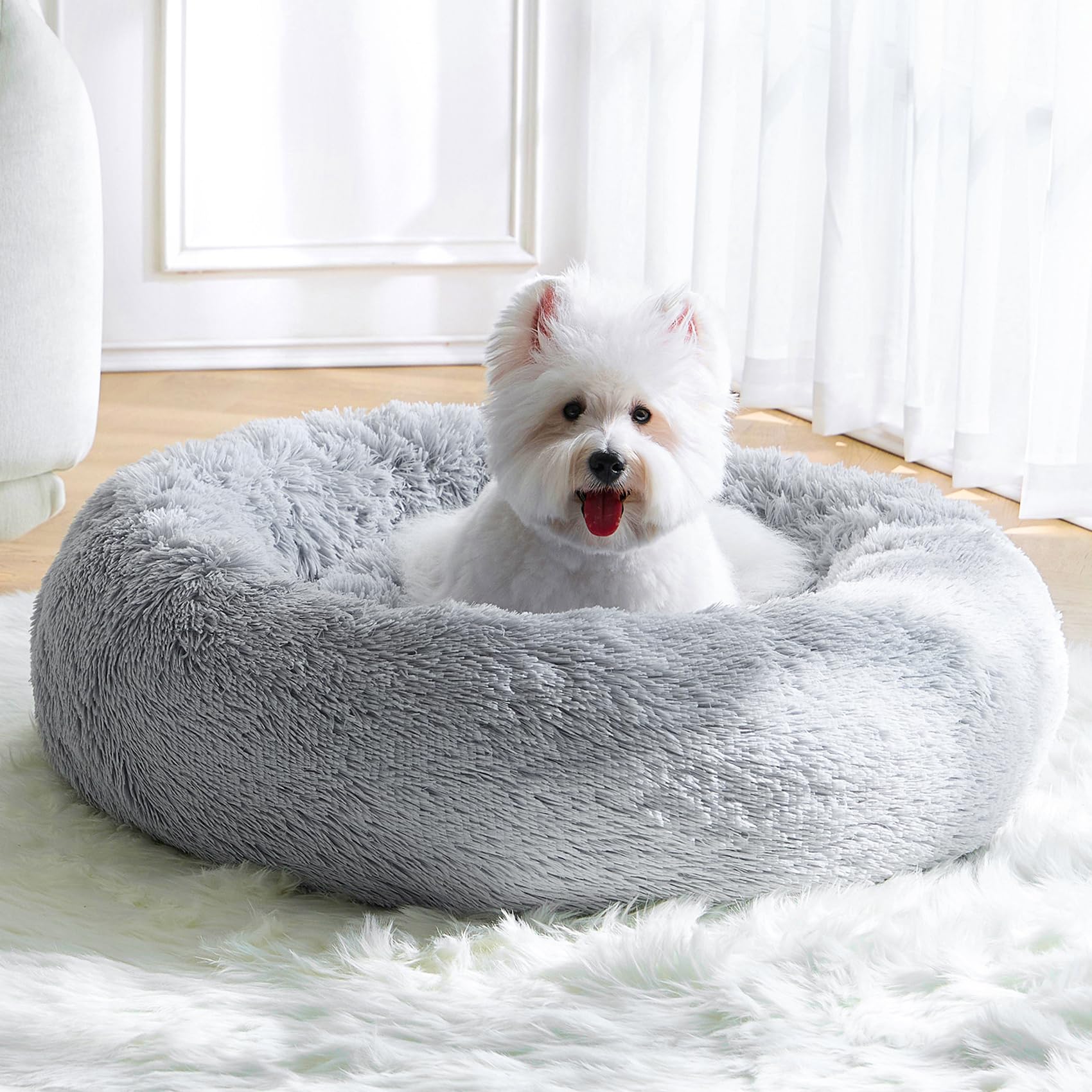 Calming Small Dog Bed & Cat Bed, Donut Fluffy Anti-Anxiety Round Washable Cute Bed, Plush Cozy Cuddler Warming Soft Comfort Pet Puppy Bed for Small Medium Dogs, 20inch,Light Grey