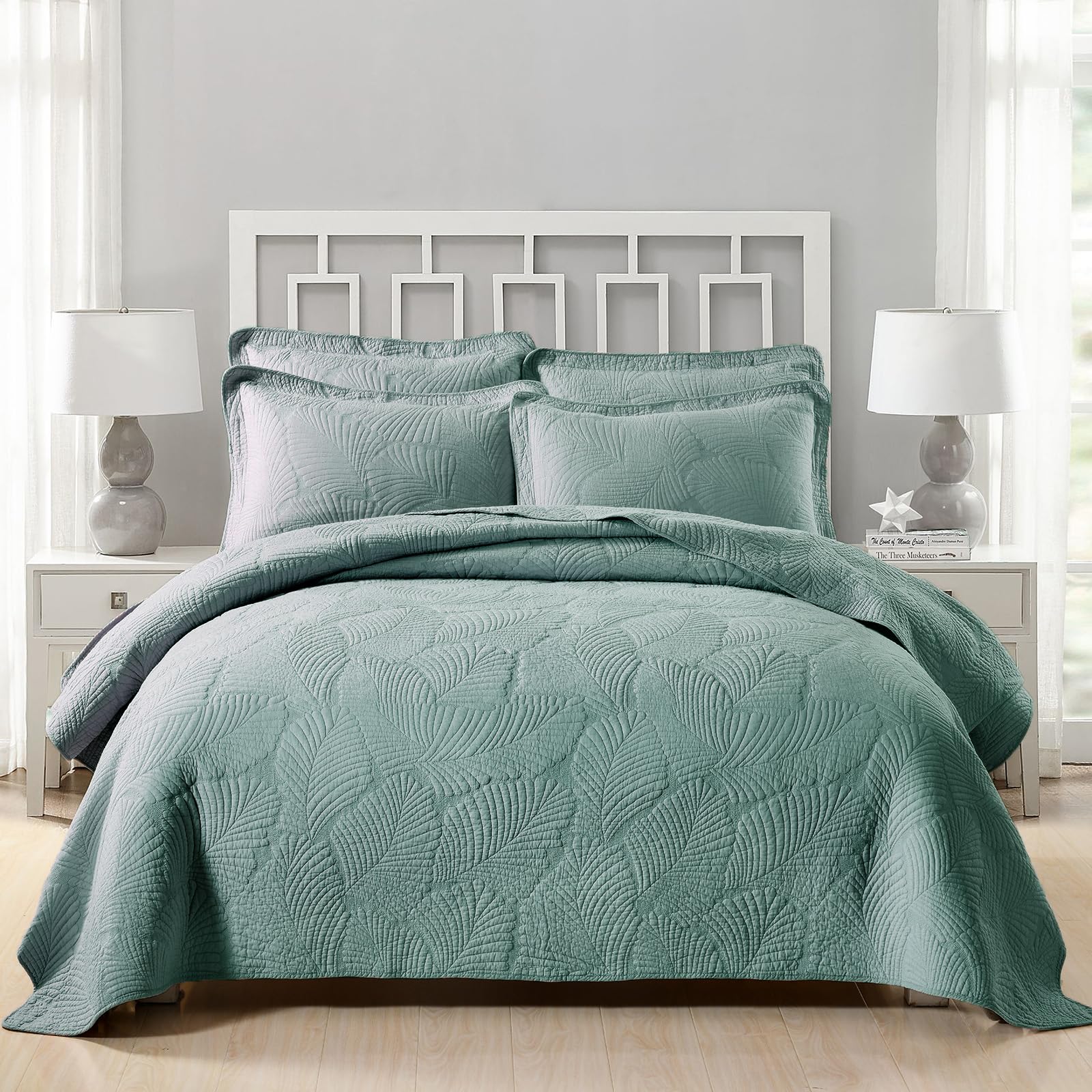 mixinni Green Tropical Palm Tree Queen Size Quilt Set Soft Cotton Bedspread Coverlet Bed Cover,3-Piece Quilt Set Quilted Bedding Lightweight Coverlet Set -Queen Size