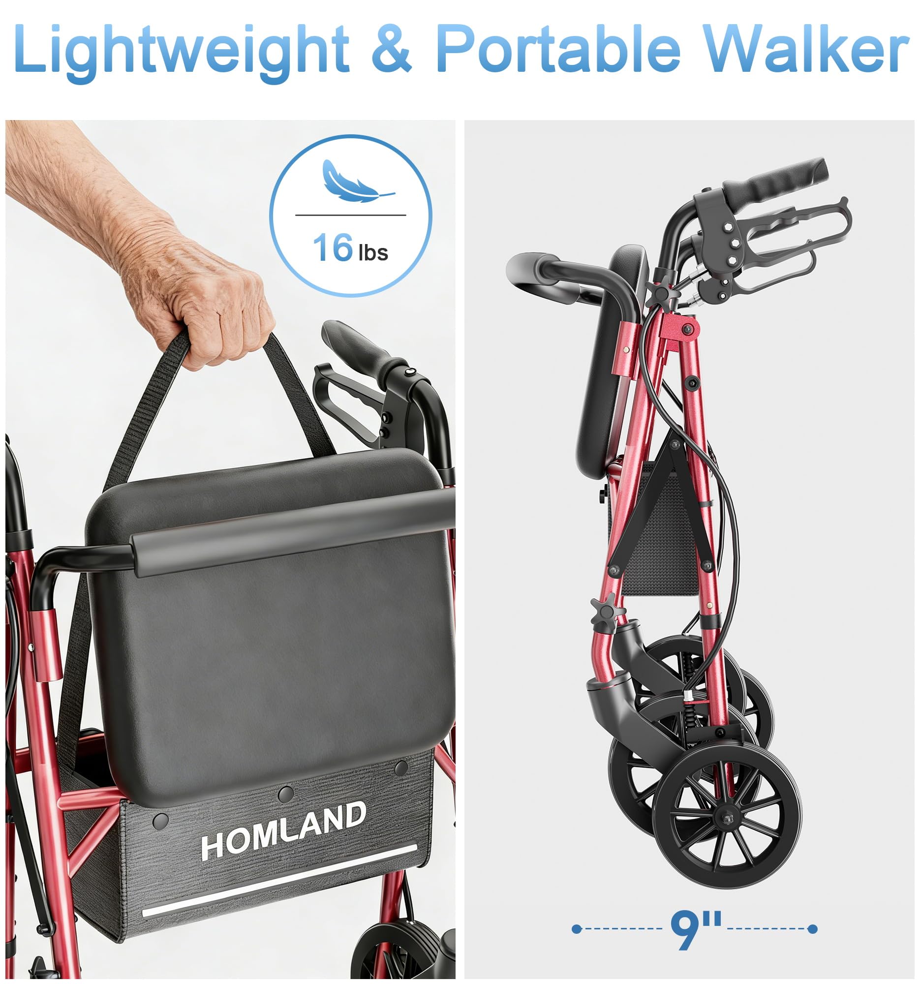 16 Pounds Lightweight Walkers for Seniors with Seat, Narrow Rolling Walker with 4 Puncture-Resistant Wheels, 5-Level Height Adjustable, 300 lbs Weight Capacity (Red)