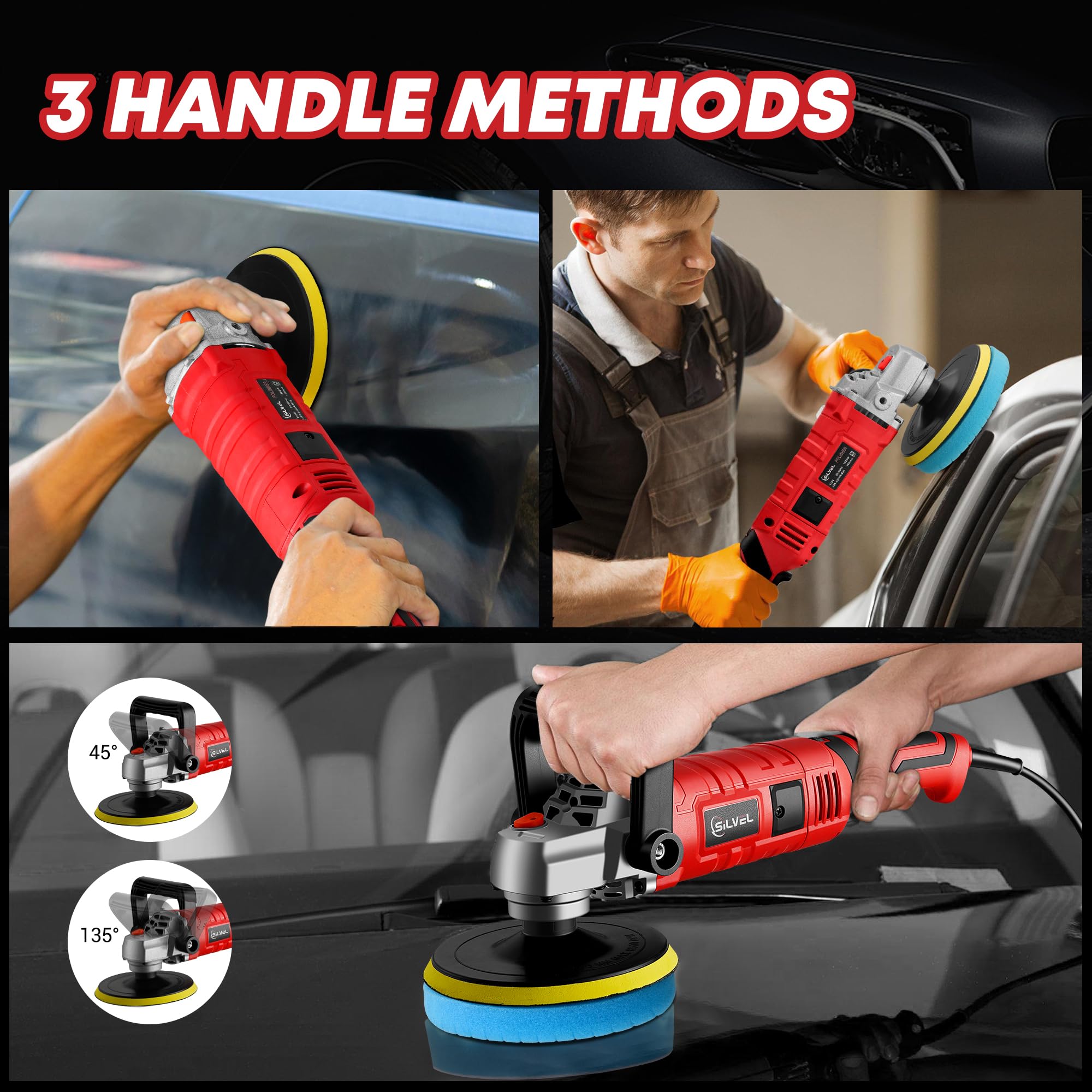 SILVEL Buffer Polisher, 1600W 7 Inch/6 Inch Polisher for Car Detailing, Wax Machine, 7 Variable Speed, with 6 Foam Pads, 3 Wool Pads, Packaging Bag, for Boat Polishing and Waxing
