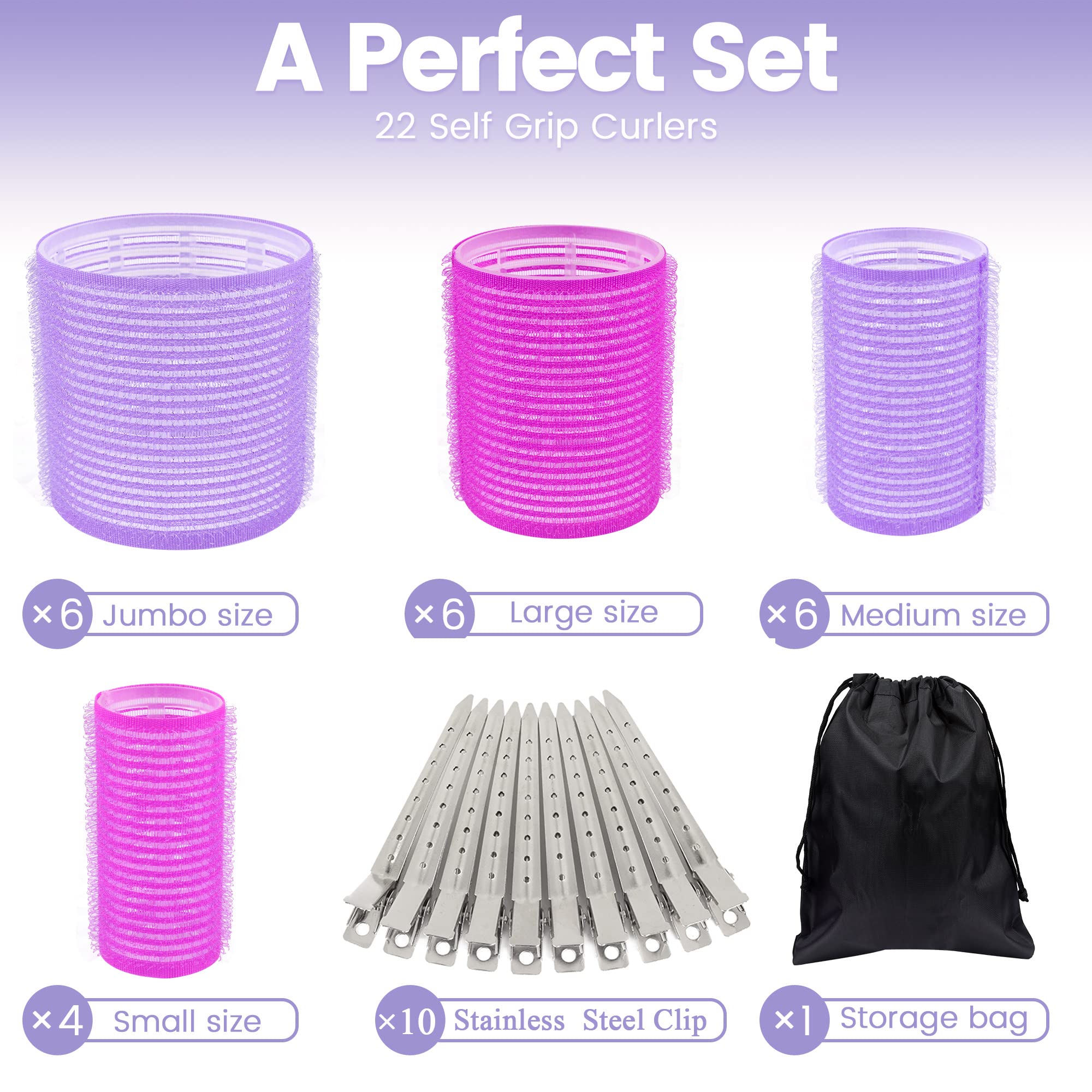 33 Pcs Hair Rollers set, Self Grip Hair Rollers for Long Medium Short Hair, ELASO Jumbo Large medium Hair Curlers (22 Velcro Rollers + 10 Stainless steel Clip +1 Storage Bag)