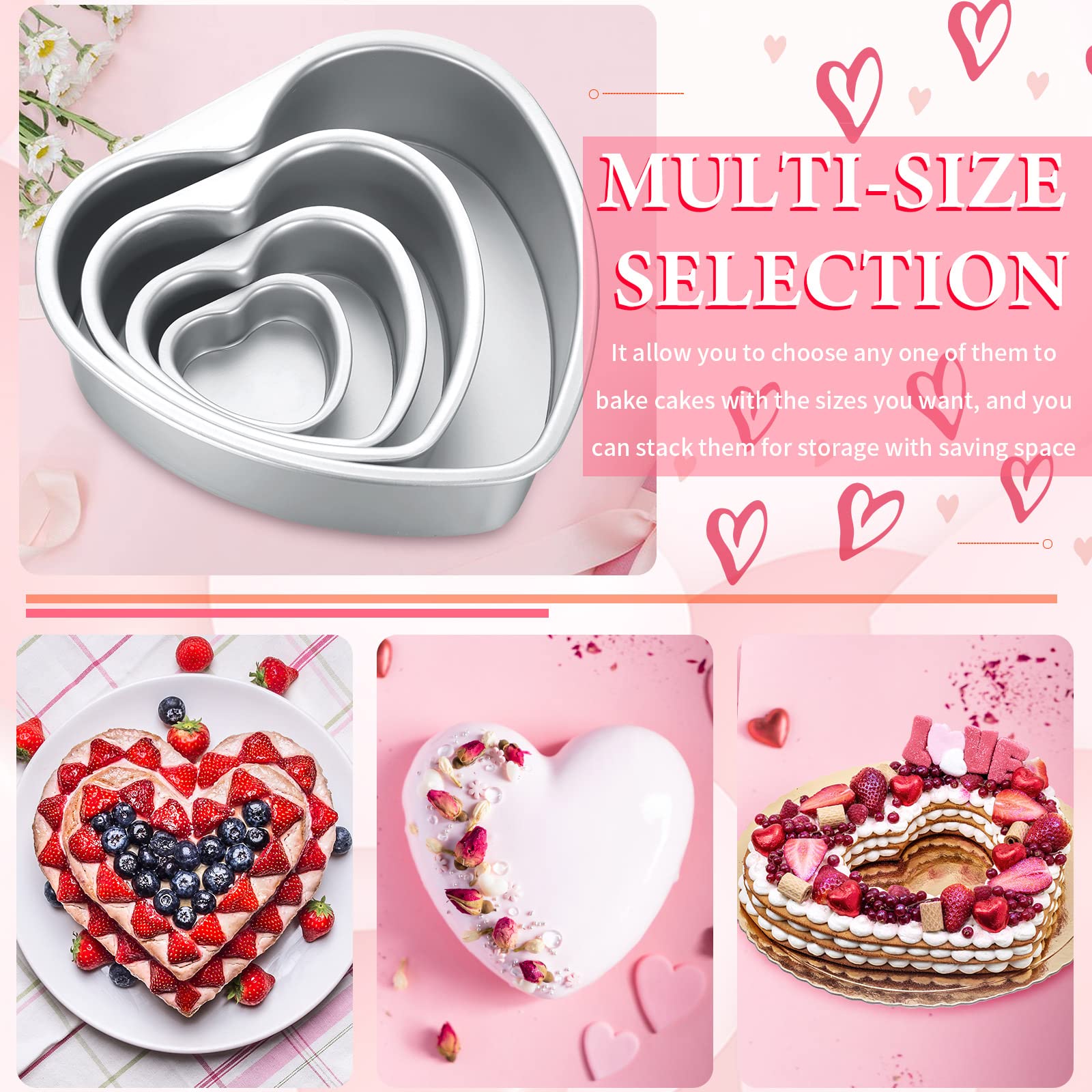 Sieral 7 Pcs Aluminum Heart Shaped Cake Pans Set 3/4/ 5/6/ 8/10 Inch DIY Nonstick Baking Pan with Removable Bottom Cake Dessert Baking Mould Supplies