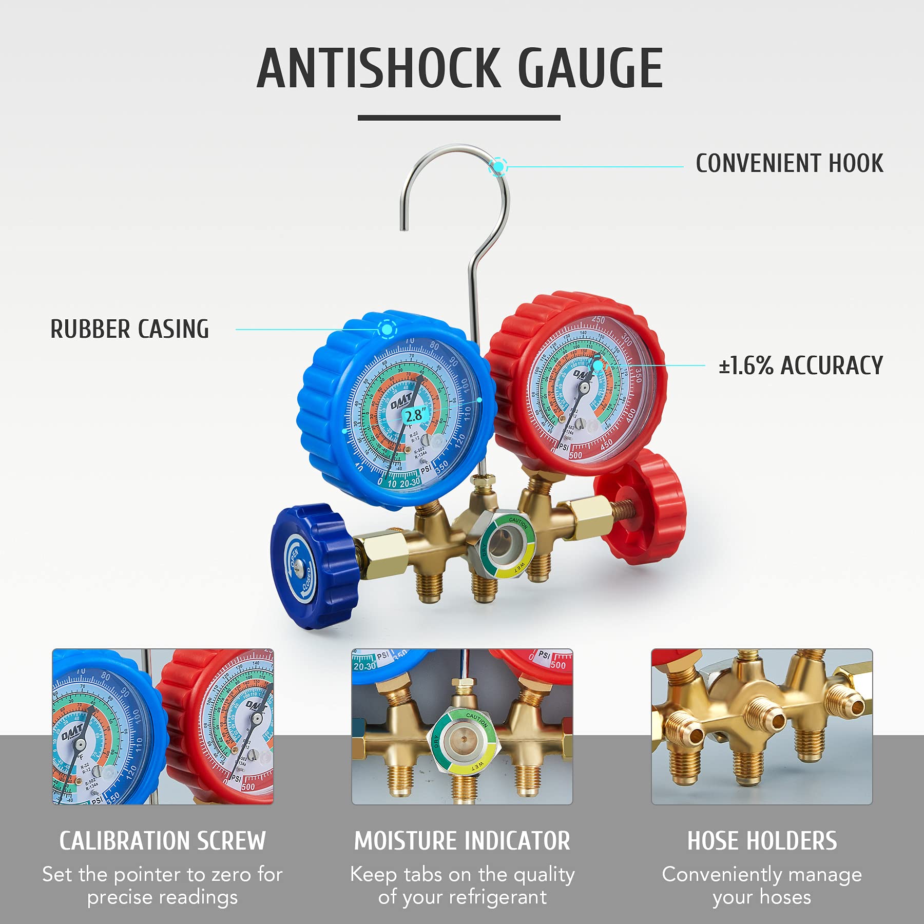 Orion Motor Tech AC Gauges, AC Manifold Gauge Set for R134a R12 R22 R502, 3 Way Automotive AC Gauge Set with Antishock Gauges Hoses Couplers Adapter, Puncturing Can Tap Freon Recharge Kit