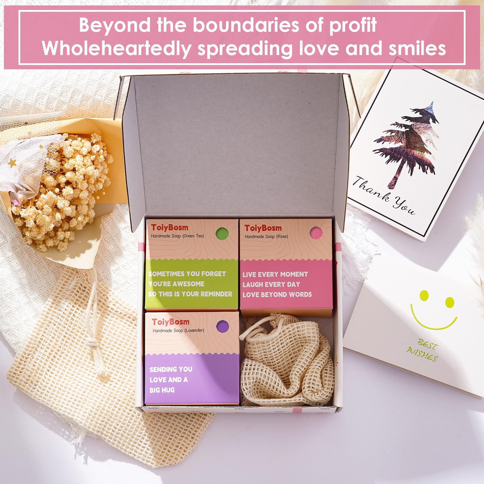 ToiyBosm Inspirational Gifts for Women, Thinking of You Gifts, Self Care Gifts for Women, Bath & Body Handmade Soap Gift Set for Women, Mom, Sister(Rose,Lavender, Green Tea-300g)