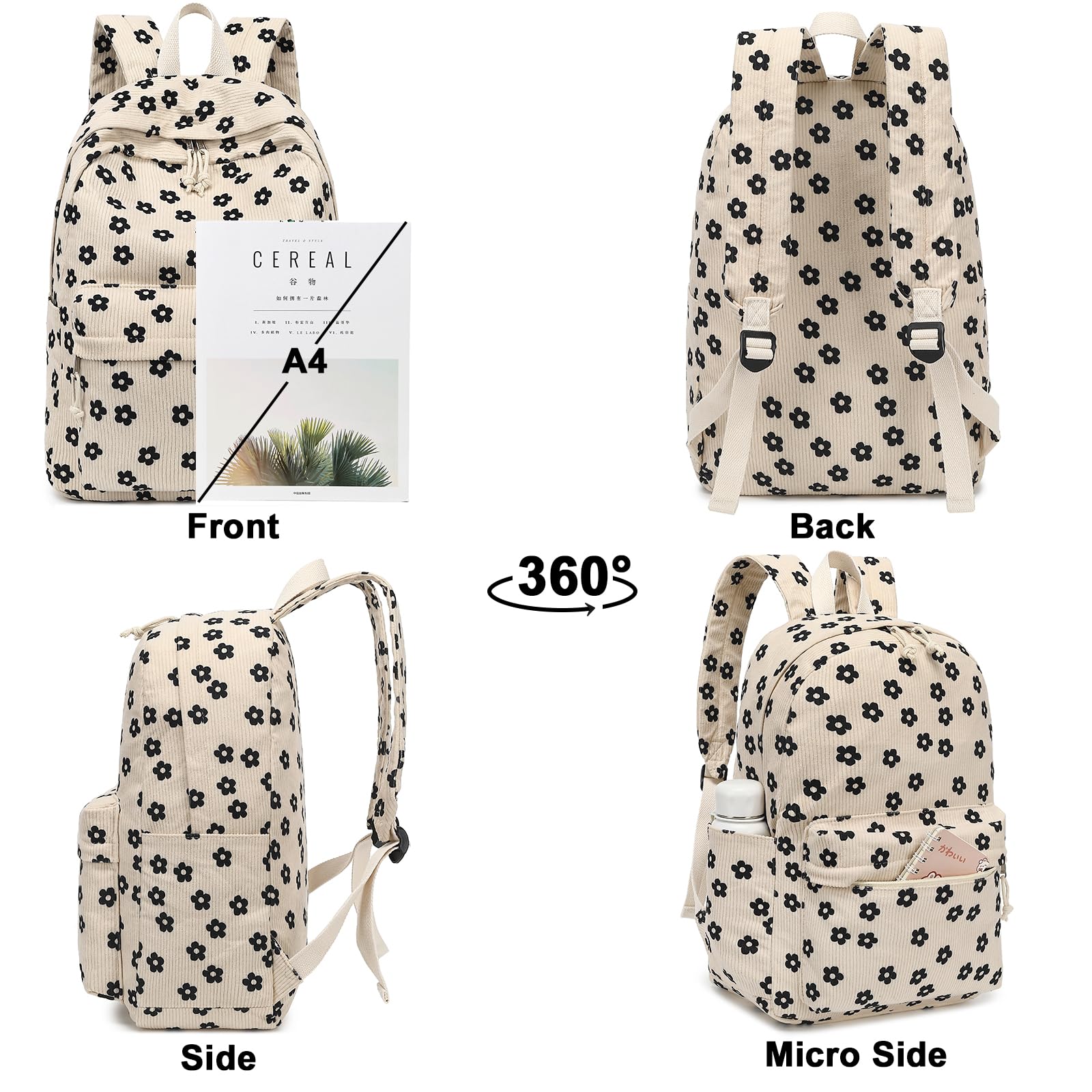 Bluboon School Backpack for Teen Girls Bookbags Elementary High School Corduroy Laptop Bags Women Travel Daypacks(Beige Corduroy Floral