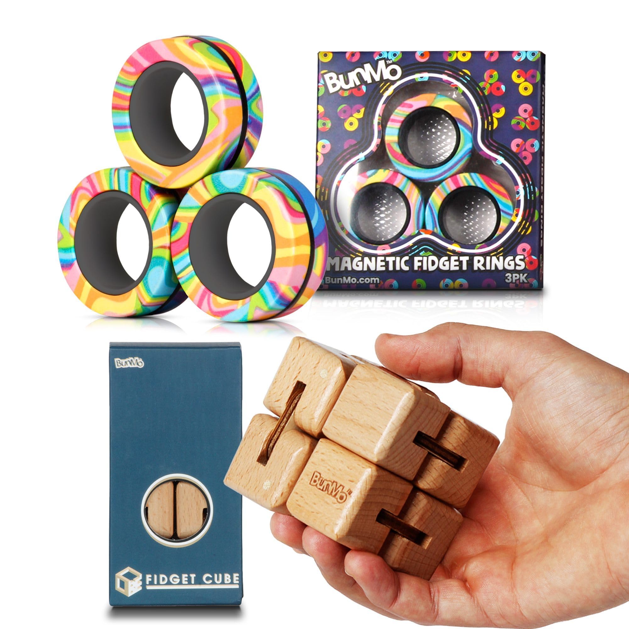 BunMo Bundle Infinity Cube x Magnetic - Large Eco Beechwood Fidget Cube & Multicolored Fidget Rings - Fidget Toys Adults - Stimulating Fidgets for Adults - Magnetic Fidget Rings