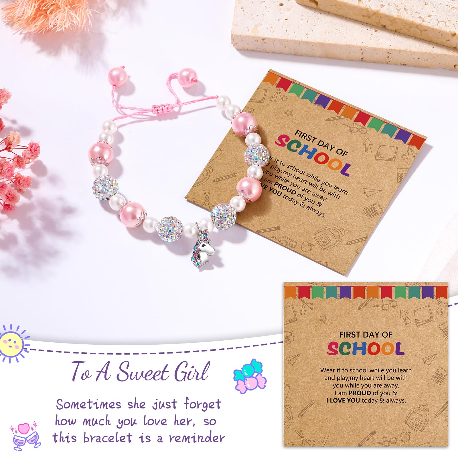 Alissl Unicorn Back to School Gifts for Girls, Adjustable Pink Pearl Bracelet Gifts for Daughter Niece Granddaughter Teen Girls