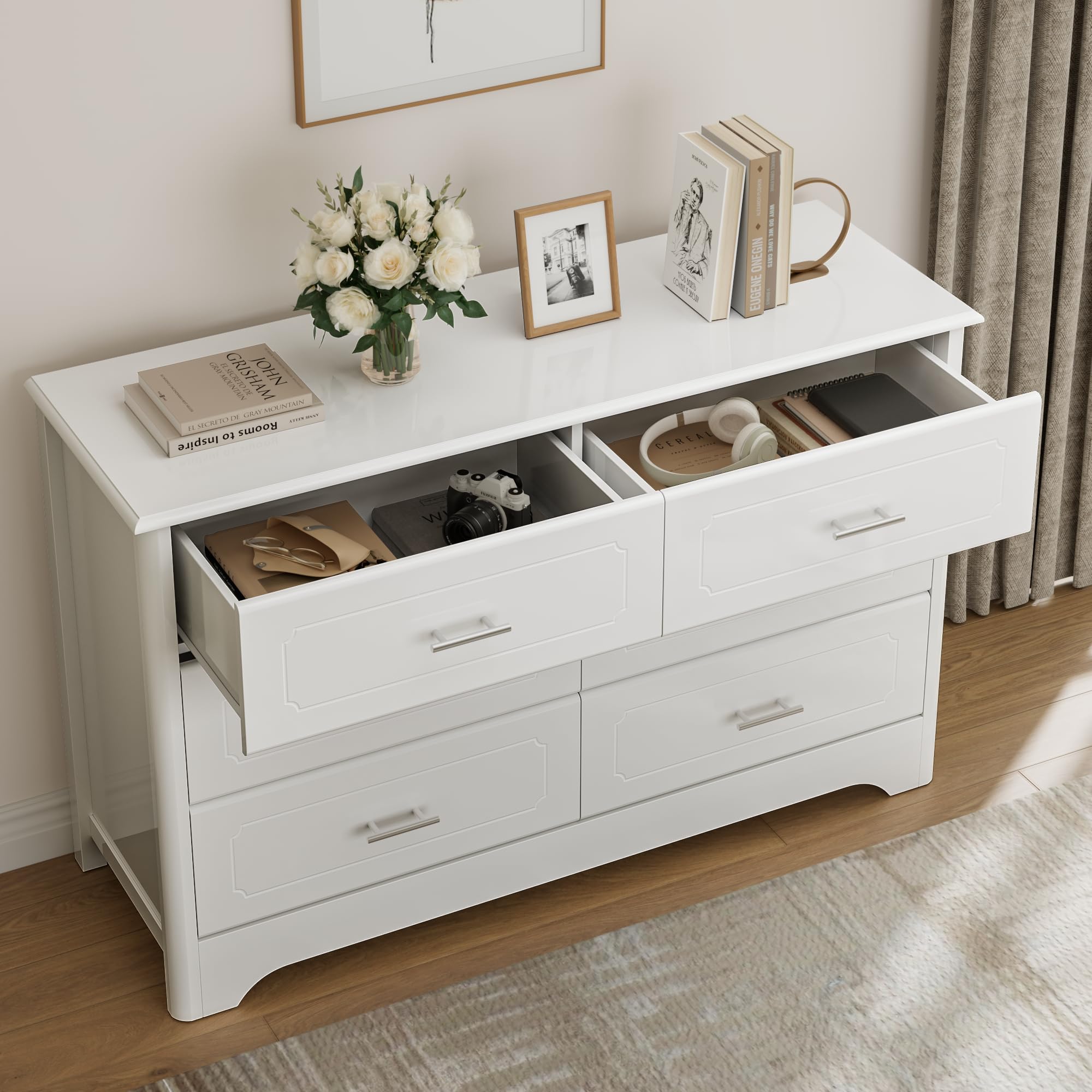 HOSTACK 6 Drawer Dresser, Modern White Wide Chest of Drawers with Metal Handels, Wood Double Dresser, Storage Chest Organizers for Living Room, Hallway, Entryway, White