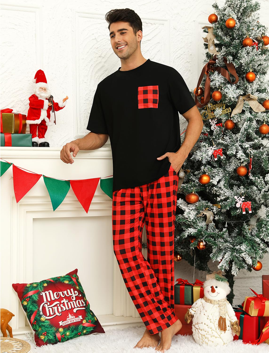 EISHOPEER Couples Matching Pajamas Sets Cotton Short Sleeve Sleepwear Printed Loungewear Pjs Set with Long Pants Black/Red Plaid Large