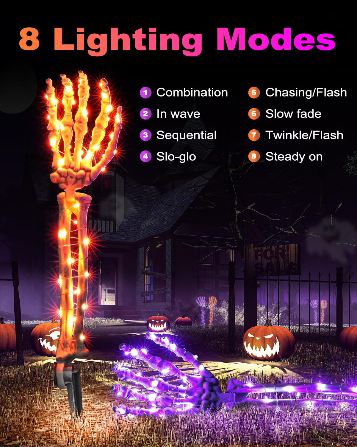 Solar Halloween Decorations Skeleton Hands - 100 LED Fairy Lights 2 pcs Skeleton Hand Stakes with 8 Lighting Modes Waterproof for Halloween Deocr Outdoor (Orange & Purple)