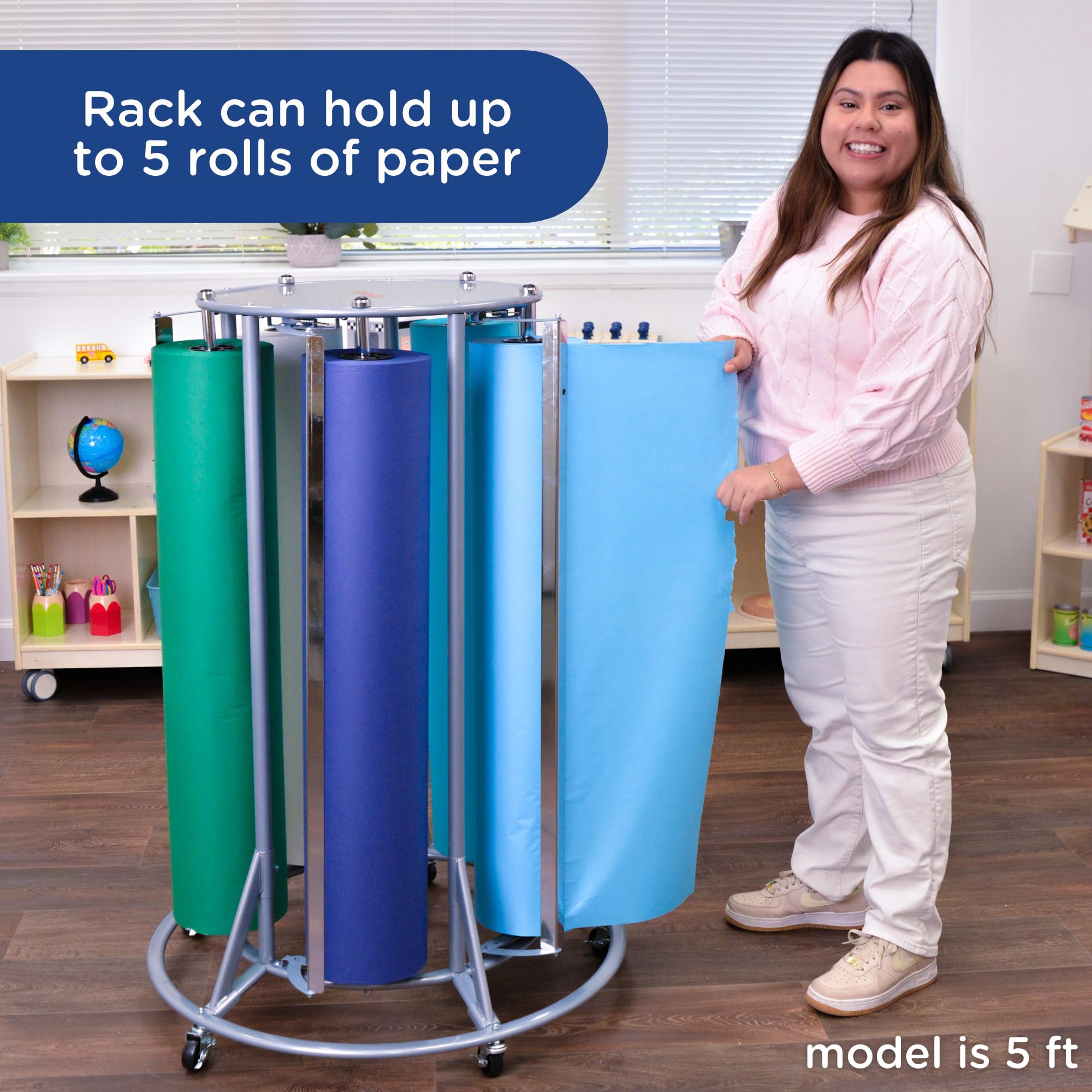 Children’s Factory Mobile Butcher Paper Dispenser, 5-Roll Paper Rack Holder for Classroom, Arts and Crafts, Desk Protection, Easy-Glide Pegs, and Safety Blades