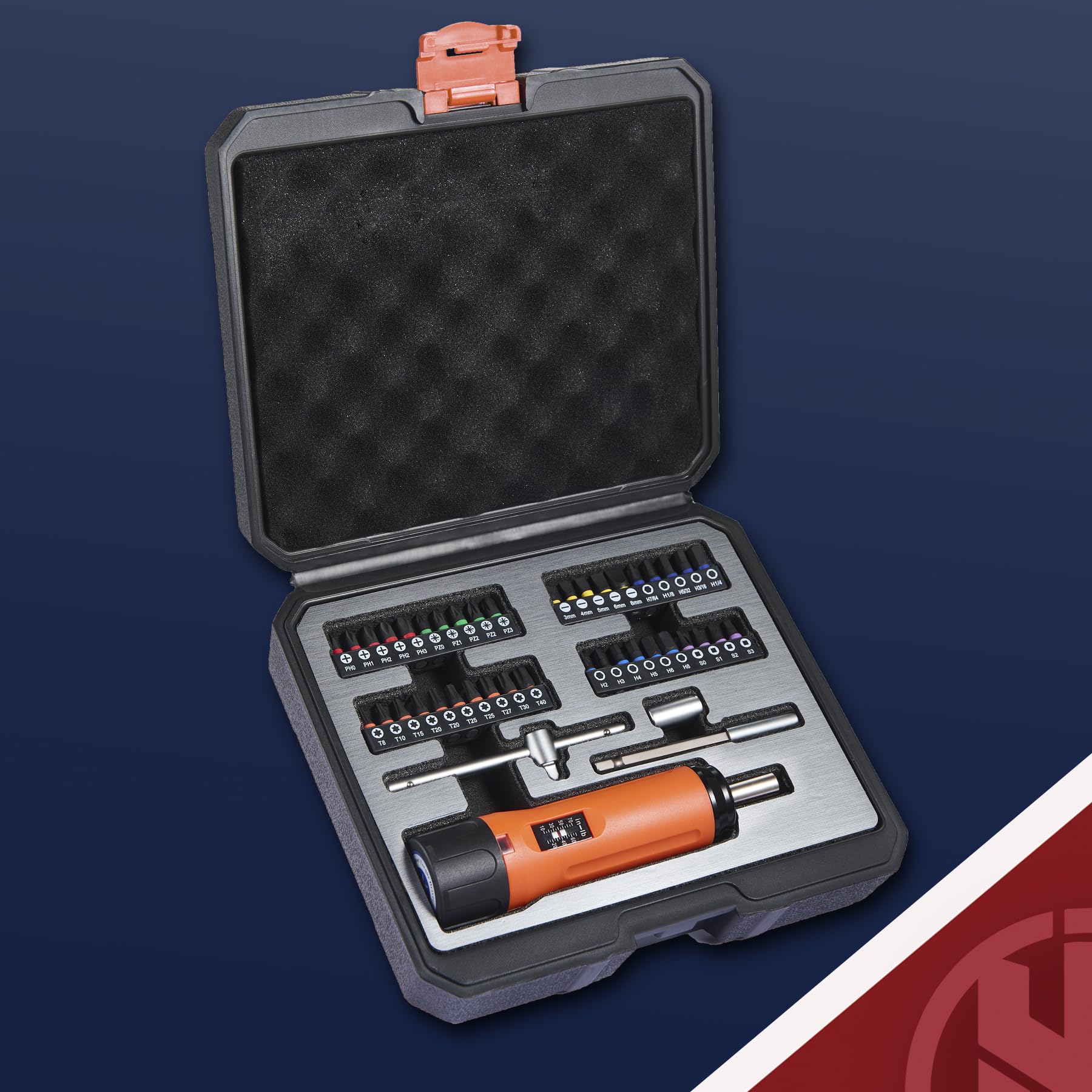 KNINE OUTDOORS Torque Screwdriver Wrench Driver Set 10-70 Inch Pounds lbs for Maintenance with T-bar Handle, 40 Hex Bits, 1/4" Socket, Shaft Extension, For Tools, Bike Repairing and Mounting, Orange