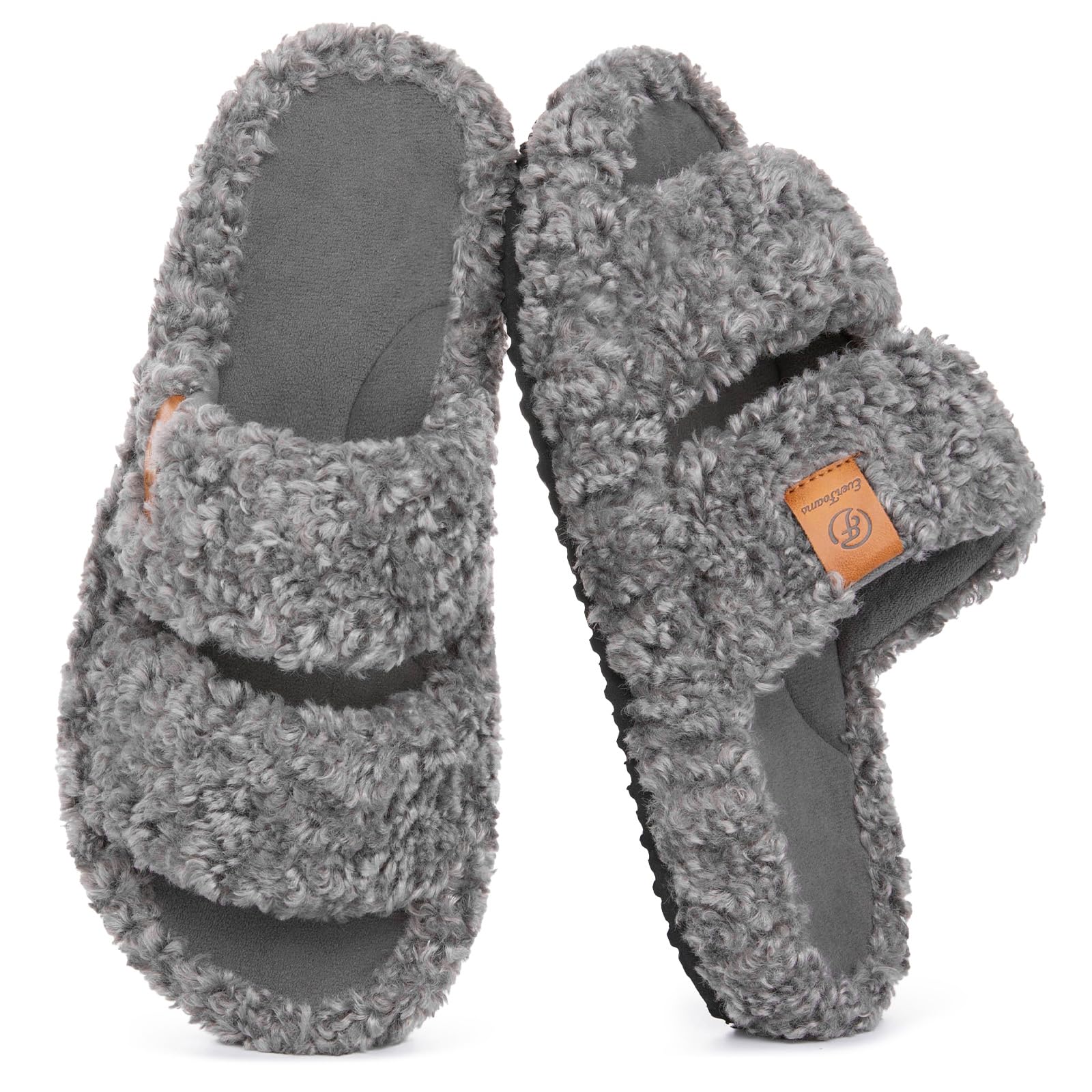 EverFoams Womens Fuzzy Open-toe Slippers Soft Comfy Memory Foam Indoor House Shoes Cool Gray,7-8 US