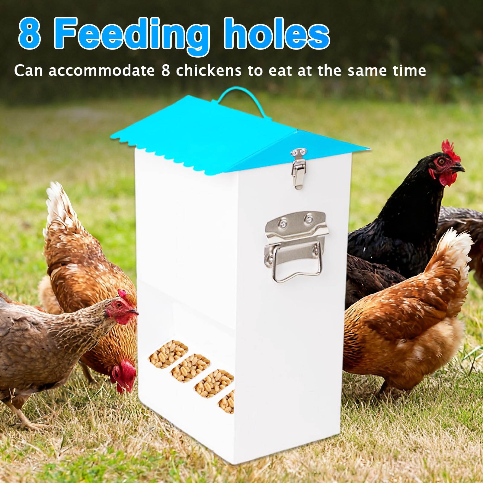 20LB Automatic Chicken Feeder with 8 Feeding Ports, No Waste Design, Height-Adjustable Legs & Secure Locking Lid for Chickens, Ducks & Poultry