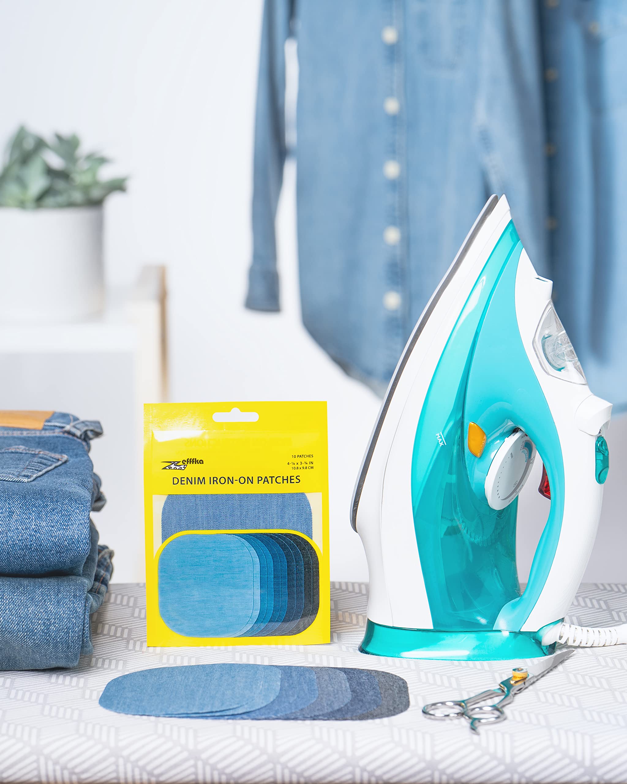ZEFFFKA Denim Iron-on Jean Patches Inside & Outside Strongest Glue 100% Cotton Assorted Shades of Blue Black Repair Decorating Kit 10 Pieces Size 4-1/4" by 3-3/4" (9.8 cm x 10.8 cm)