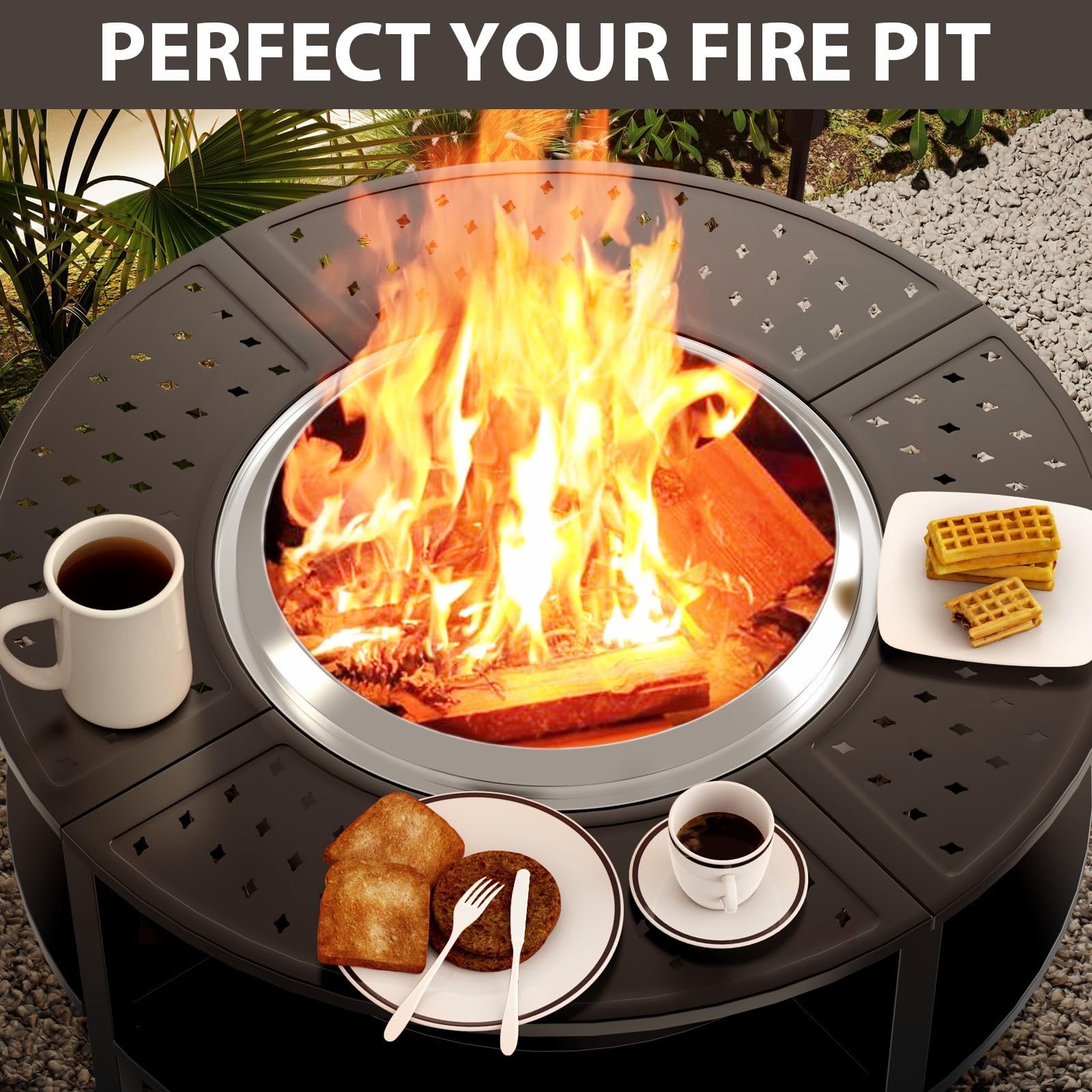 Uniflasy 48" Fire Pit Surround Tabletop for Solo Stove Yukon/Bonfire & Tiki, Powder-Coated Steel Surround Table with Firewood Storage Shelf for Safety & Extra Space, Outdoor Smokeless Fire Pit Table
