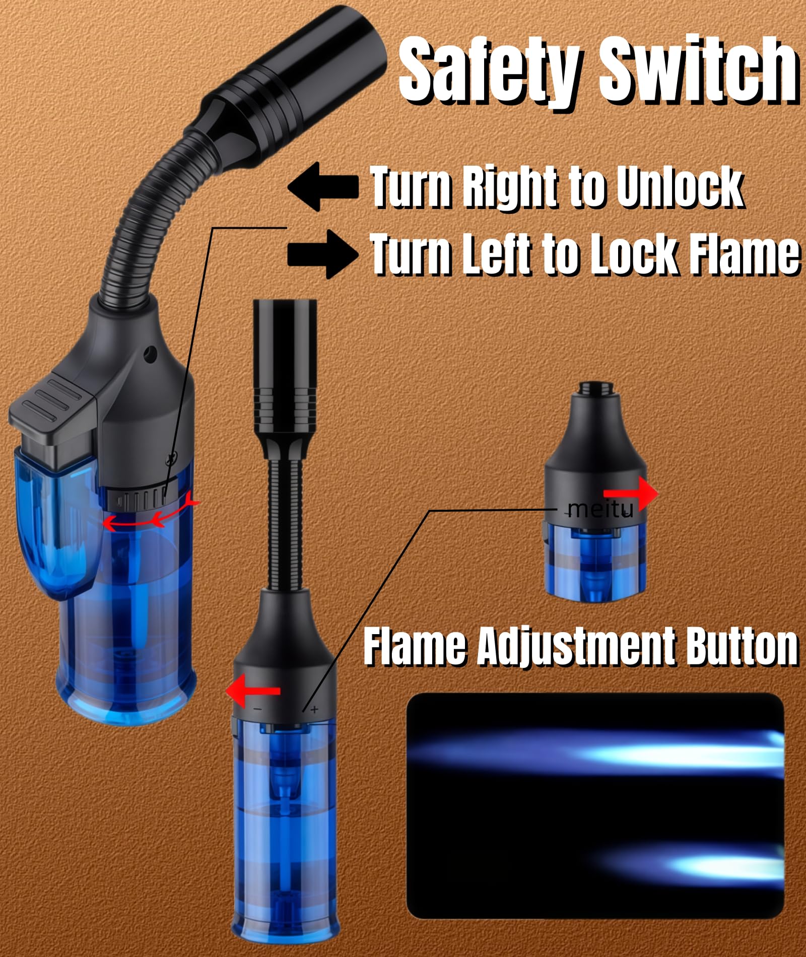 4 Pack Butane Torch Lighter, Mini Refillable Windproof Jet Flame Lighters with Safety Lock, Refillable Adjustable Flame Butane Gas Lighter for Candle Camping Fireplace BBQ Grill(Fuel Not Included)