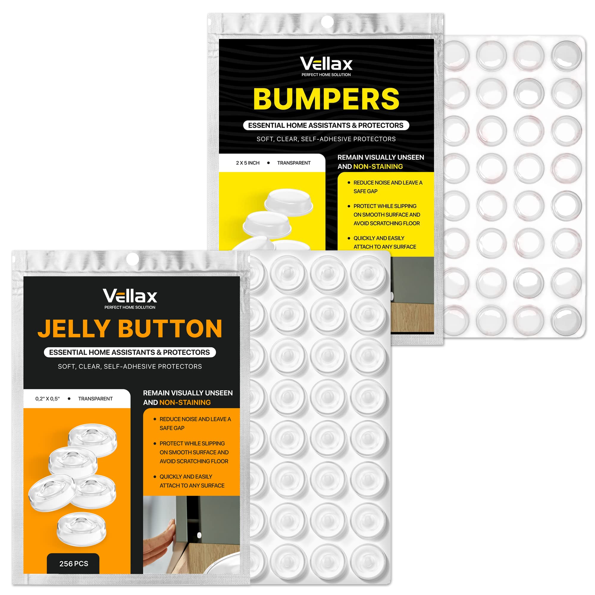 Vellax Clear Cabinet Door Bumpers 128 Pcs - 0,5" Diameter x 0,14’’ & Clear Cabinet Door Bumpers 256 Pcs - 0,5" Diameter x 0,2’’
