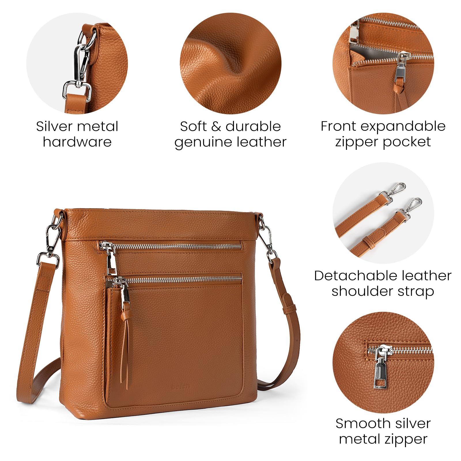 befen Real Leather Crossbody Bags for Women, Woman Cross Body Purses Shoulder Bag Handbags Adjustable Strap Cognac Brown