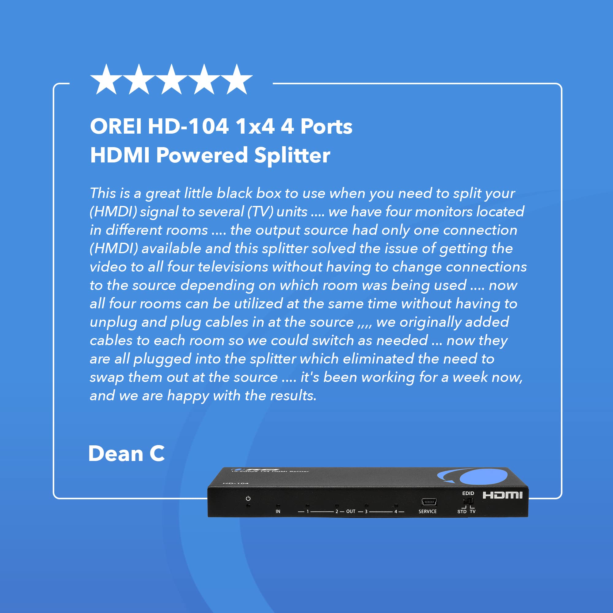 OREI HDMI Splitter 1 in 4 Out – 4K@30Hz HDMI 2.0 Splitter with HDCP 1.4, EDID Management, and LPCM/Dolby/DTS Audio Support–Compact Plug & Play Design