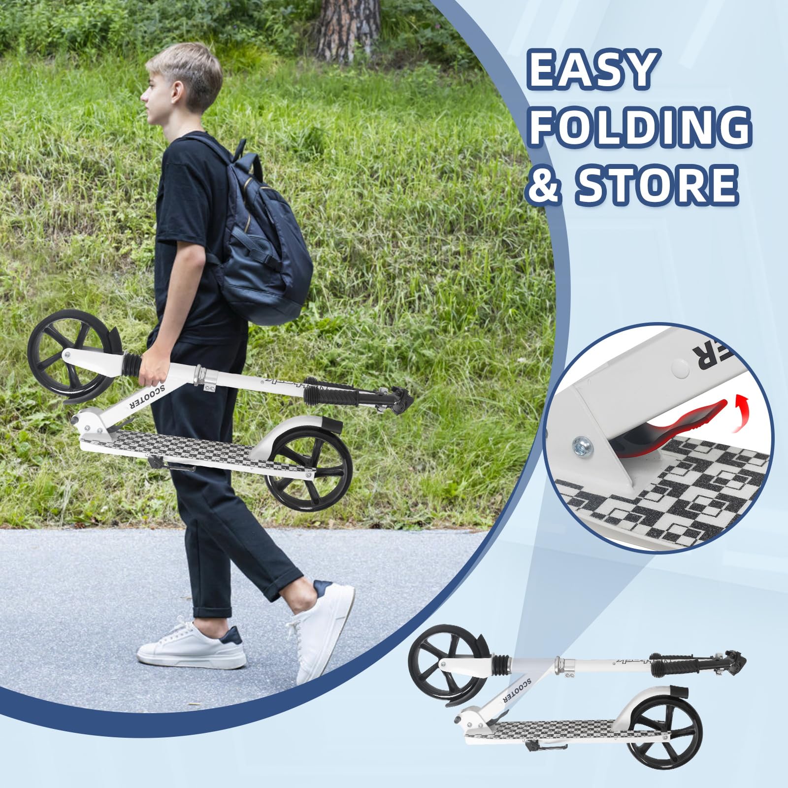Nattork Kick Scooter for Kids 6+ Years Teens Adults - 220LB Weight Capacity, Front Shock Absorber and Adjustable Handlebar - Smooth Ride with 8" Sturdy Wheels, Ideal for Outdoor Sports White