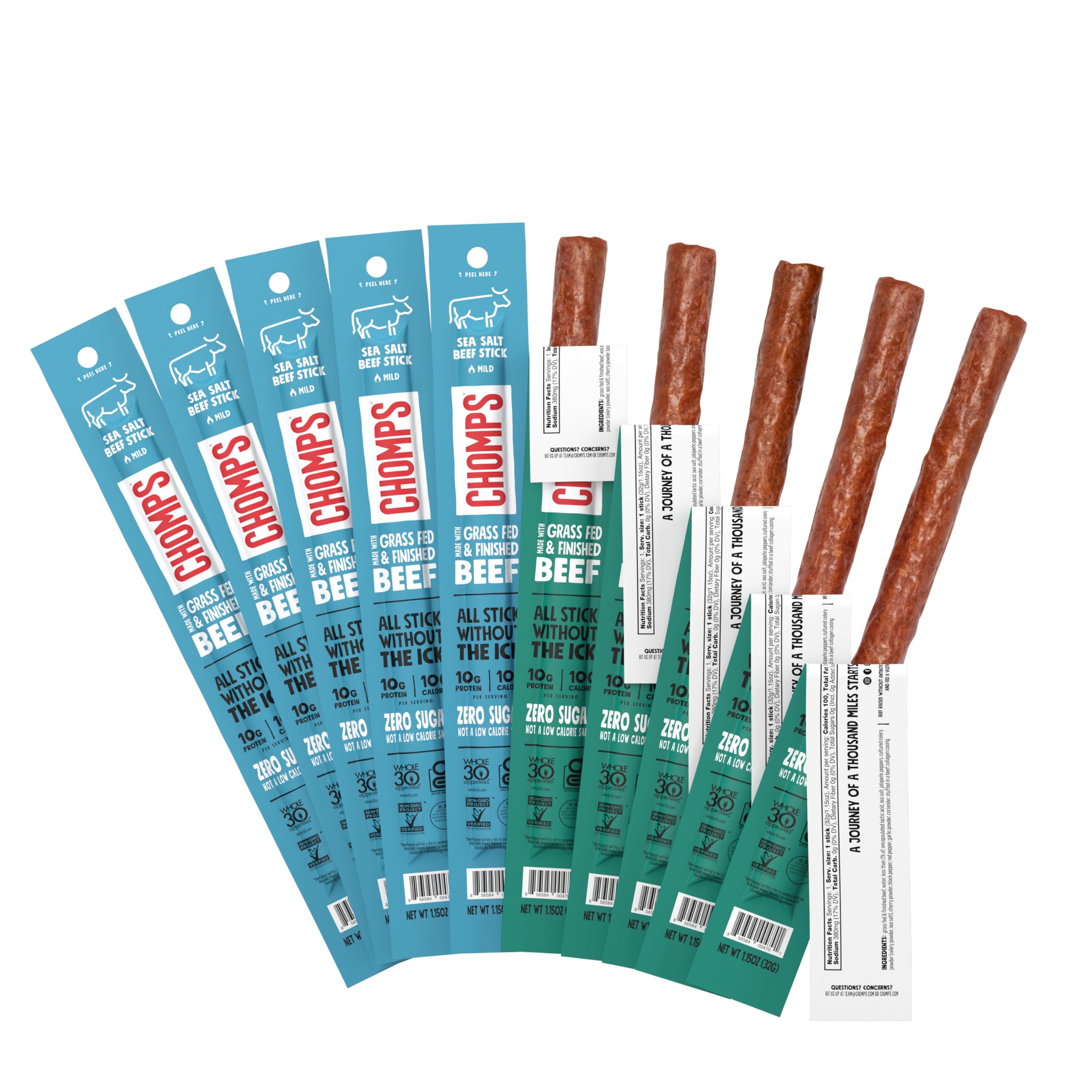 CHOMPS AIP Mild Beef Jerky Snack Sticks 10 Pack, 5 Sea Salt, 5 Italian Style - Whole30, Paleo, Gluten Free, Sugar Free, Nitrate Free