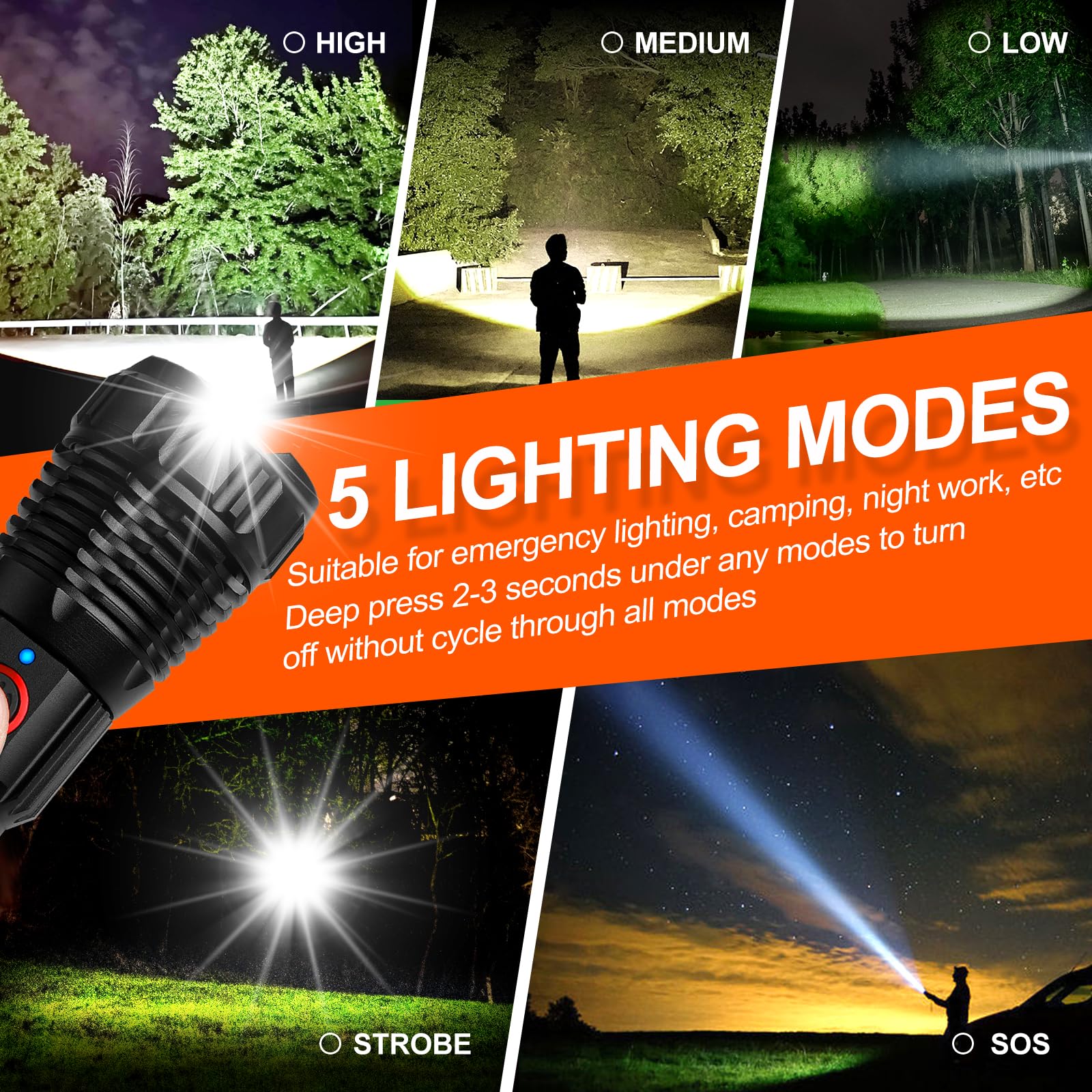 Grace Marci Super Bright Rechargeable Flashlights, High Lumen 500000 Lumens, LED Flashlight with 5 Modes, IP55 Waterproof, Powerful Handheld Flashlight for Camping, Hiking, Emergency