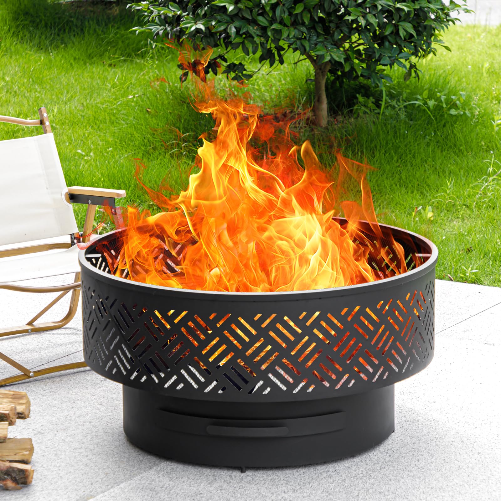 OutVue 26" Wood Burning Fire Pits with Grill & Lid, Fire Pit Table for Outside with Waterproof Cover & Fire Poker, Outdoor Firepit with Functions for BBQ,Table and Bonfire