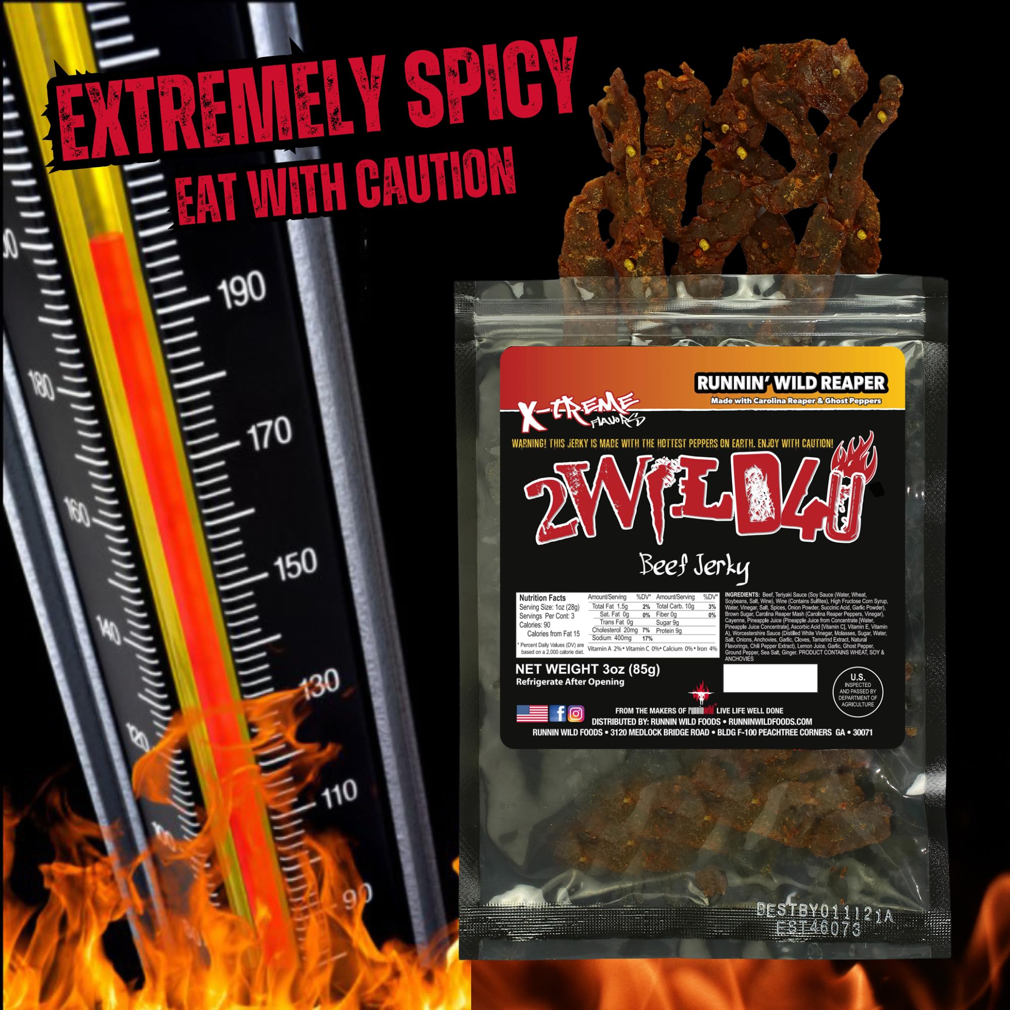Carolina Reaper Beef Jerky – Premium Brisket Cuts | Extreme Heat | 27g of Protein Per Bag | Small Batch, Real Carolina Reaper & Ghost Pepper Infused | 2WILD4U: Eat If You Dare - 6 ounces total (Pack of 2 bags, 3 ounces each)