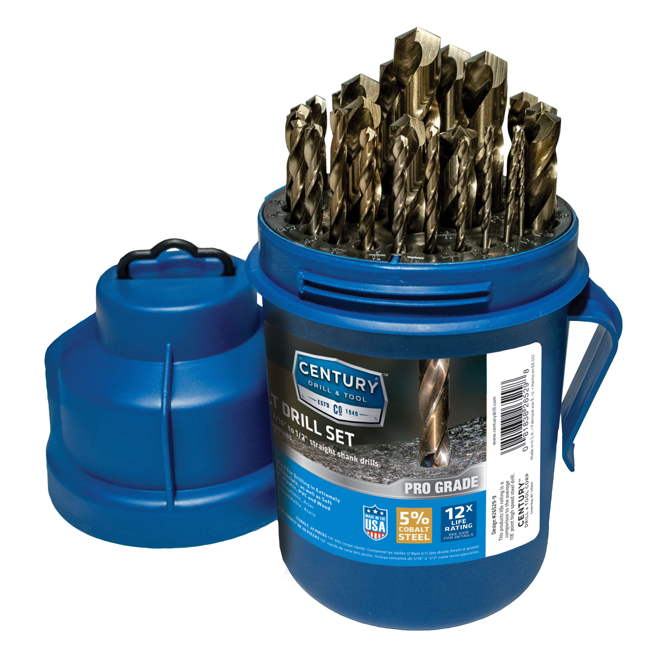 Century Drill & Tool, 26529, 29 PC Set,Jobber Drill Bit,ProGrade, Cobalt Steel, High Speed Drill Bit Pack