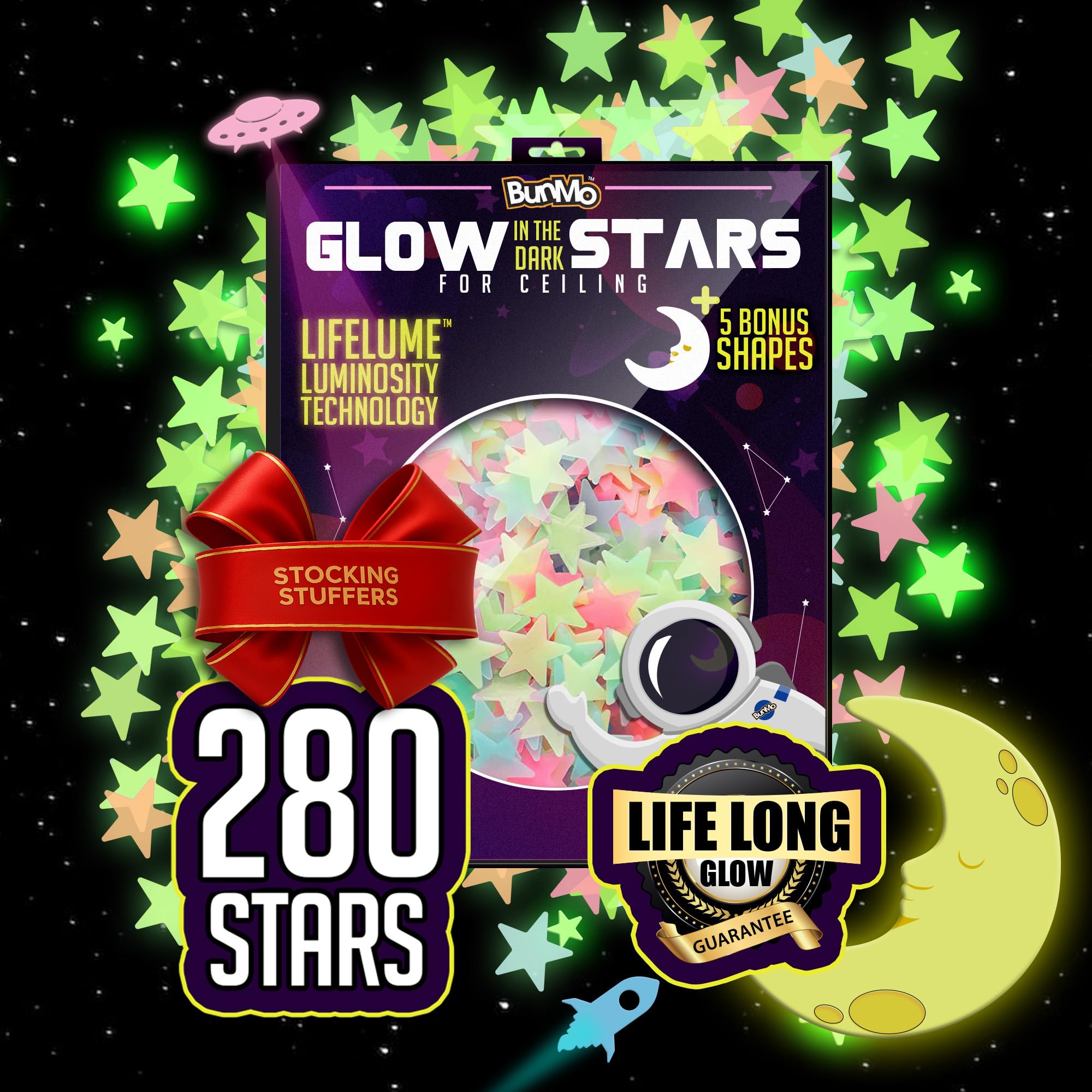 BUNMO 280 Piece Glow in The Dark Stars - Stocking Stuffers for Kids - Glow Stars for Ceiling – Long Lasting Non-Toxic Decals with Moons & Planets for Kids Bedroom, Nursery & Room Decor