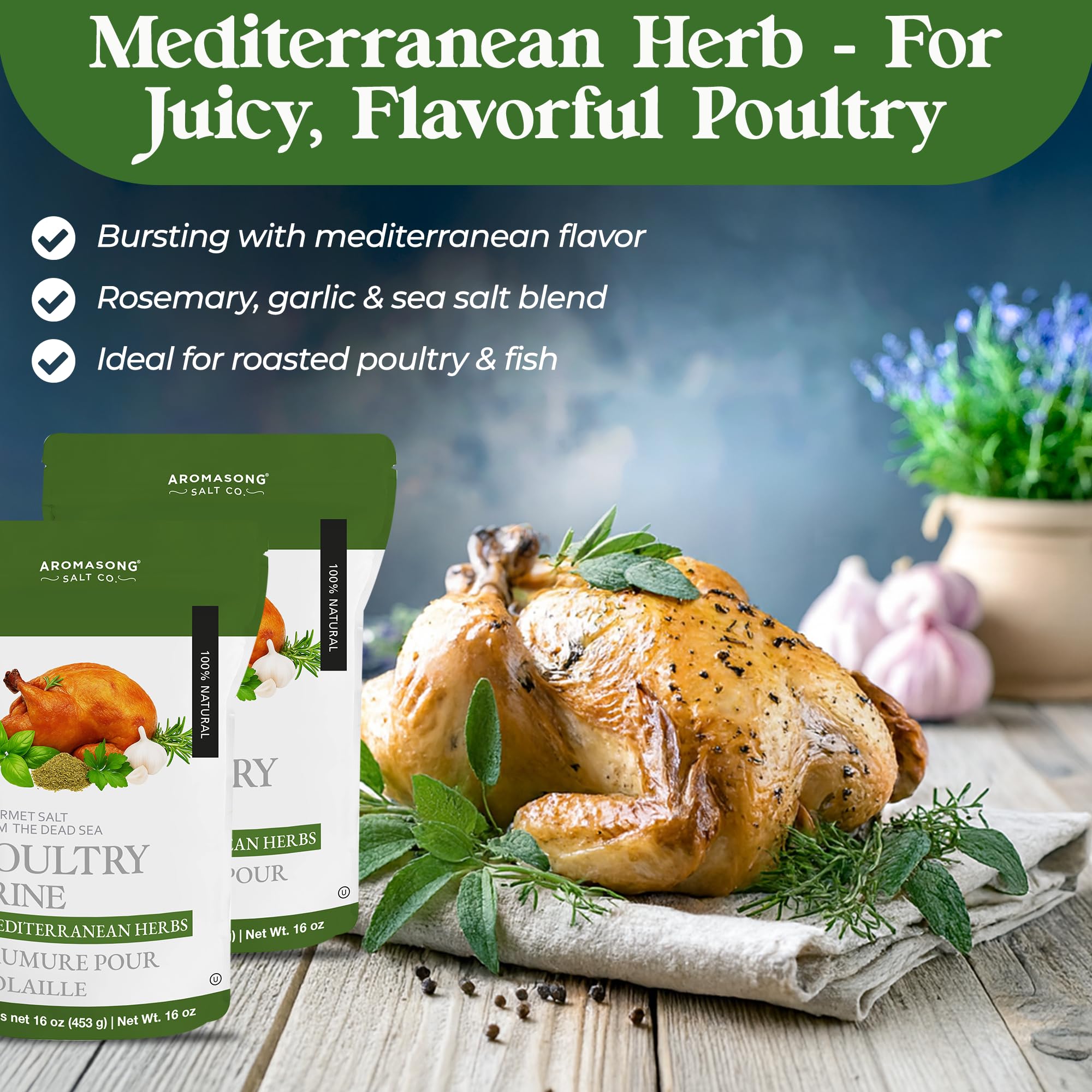 Aromasong Mediterranean Dead Sea Turkey Brine – 1 LB – All-Natural Wet & Dry Brining Mix with Mediterranean Herbs – For Whole, Smoked, Oven-Roasted, or Fried Turkey – Made in USA