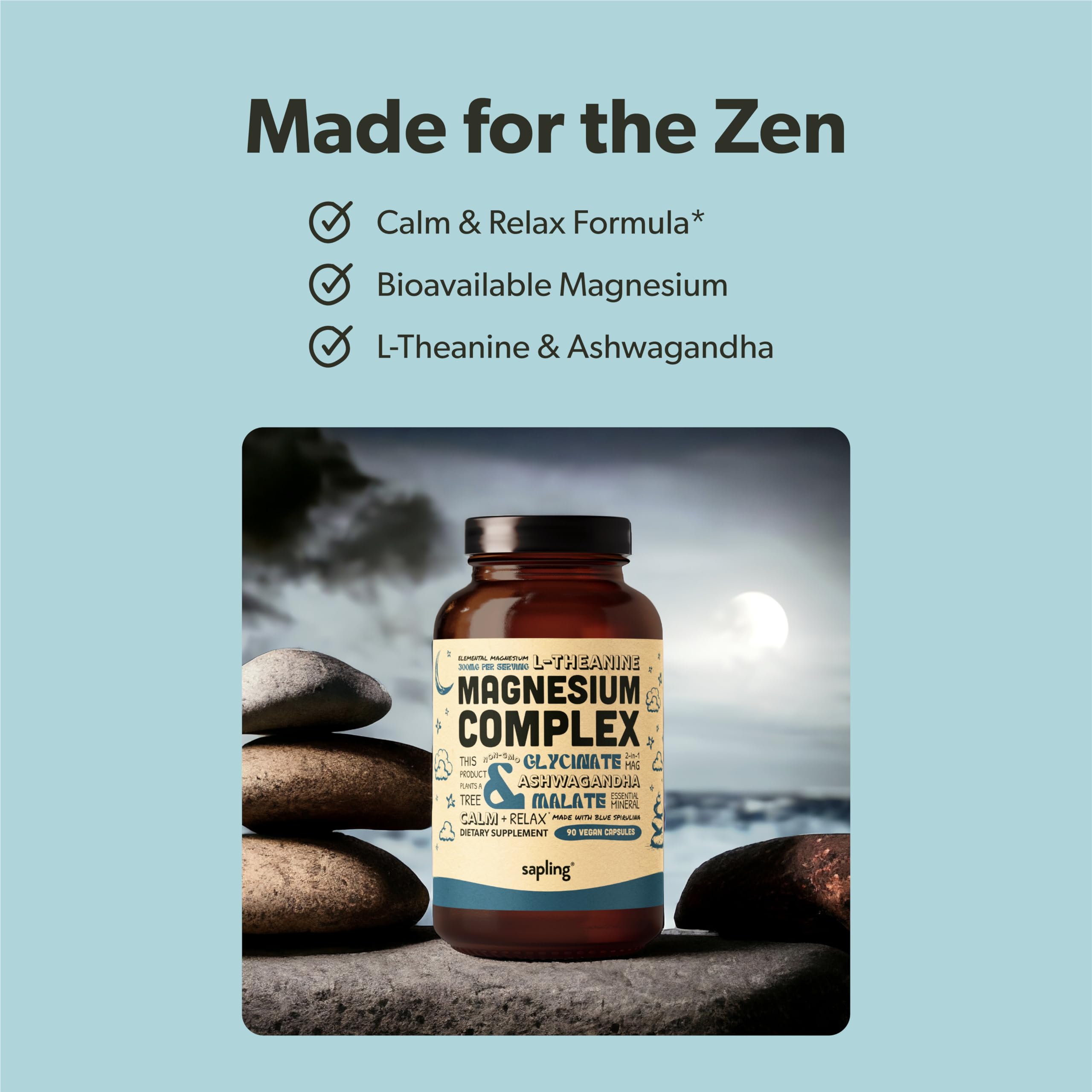 Magnesium Glycinate Complex Supplement - Chelated Magnesium Glycinate with Malate, Organic Ashwagandha, L-theanine & Blue Spirulina - High Absorption, Vegan, Non-GMO, 300mg, 90 Veggie Caps