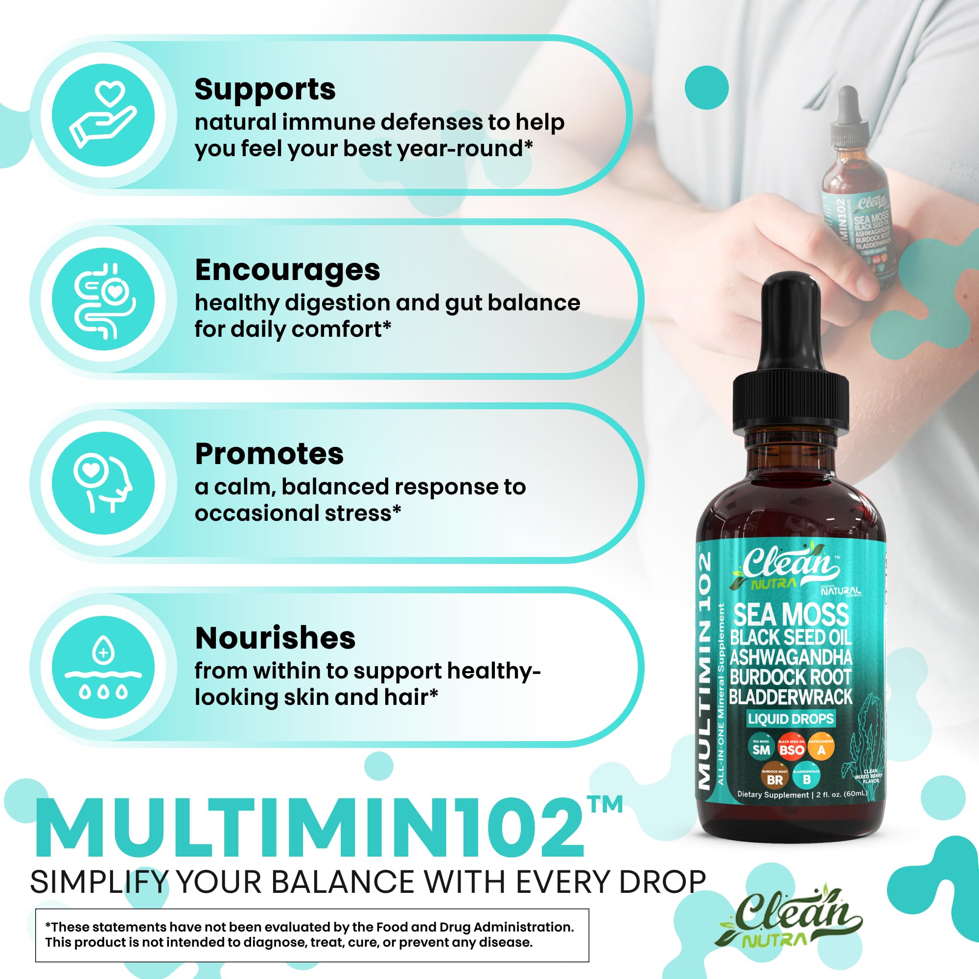 Clean Nutra Organic Sea Moss Drops Supplement | Black Seed Oil Irish Seamoss Ashwagandha Burdock Root & Bladderwrack - Multimineral Liquid Vegan for Gut Heath Energy Skin Immune Support & Hair
