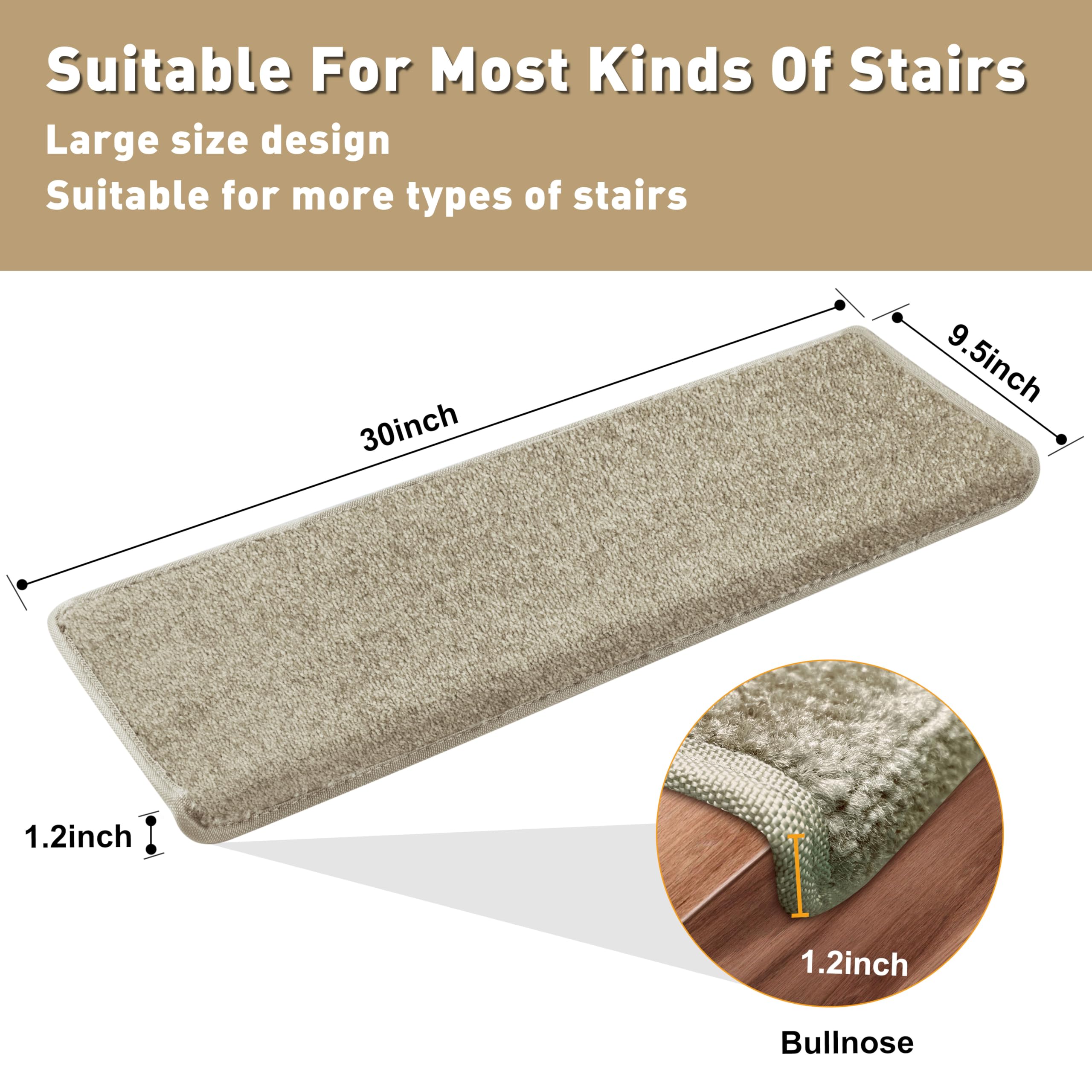 PURE ERA Bullnose Carpet Stair Treads Set Tape Free Non-Slip Indoor Stair Protectors Pet Friendly Rugs Covers Soft Skid Resistant Washable Reusable 9.5" x 30"(14 Pieces,Cream Gray)