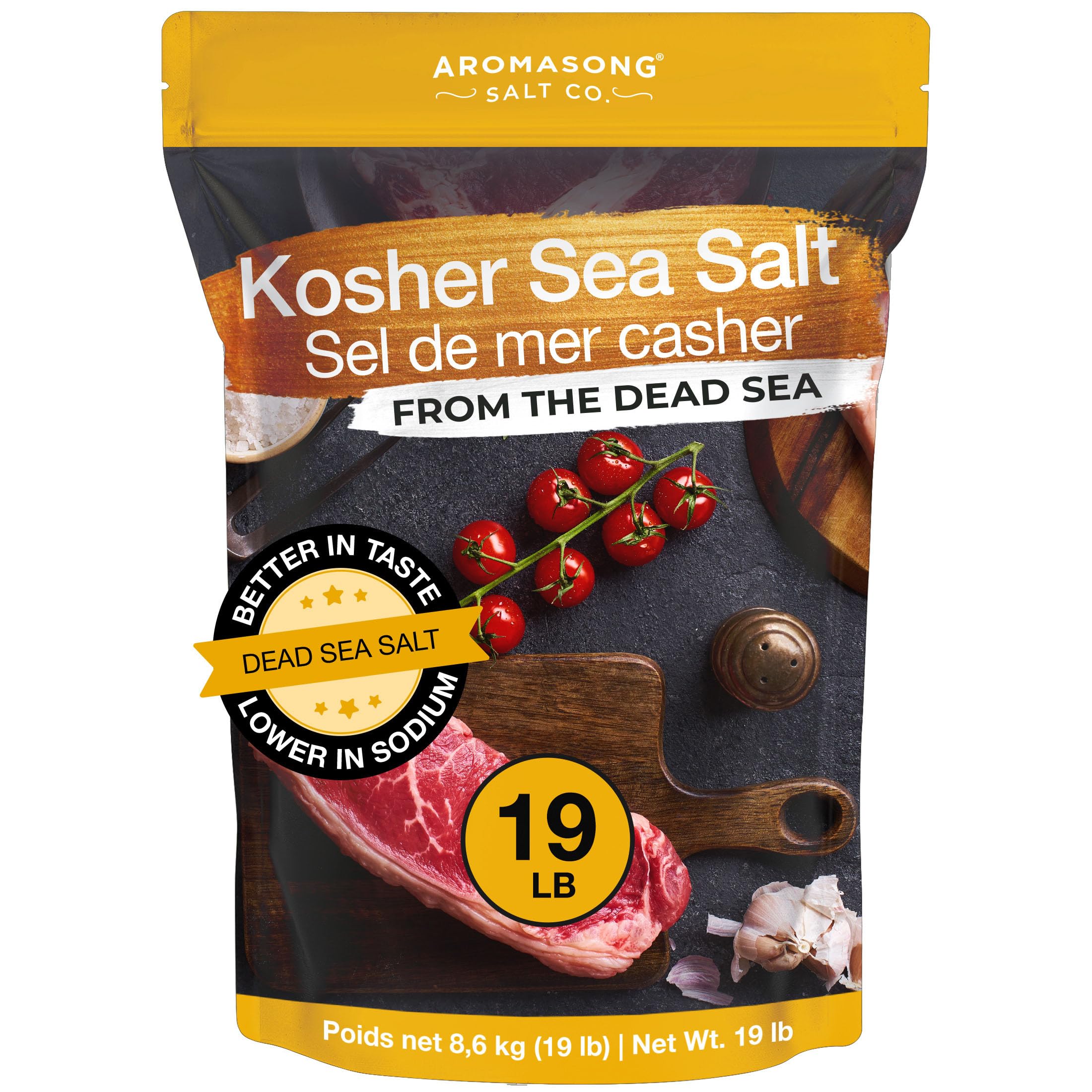 Aromasong 100% Natural Sea Salt from the Dead Sea Food Grade 19 Lb, Kosher Salt Grain, Gluten Free Unrefined, Grinder Refill For Daily Cooking, Canning & Pickling -Large Resealable Bag