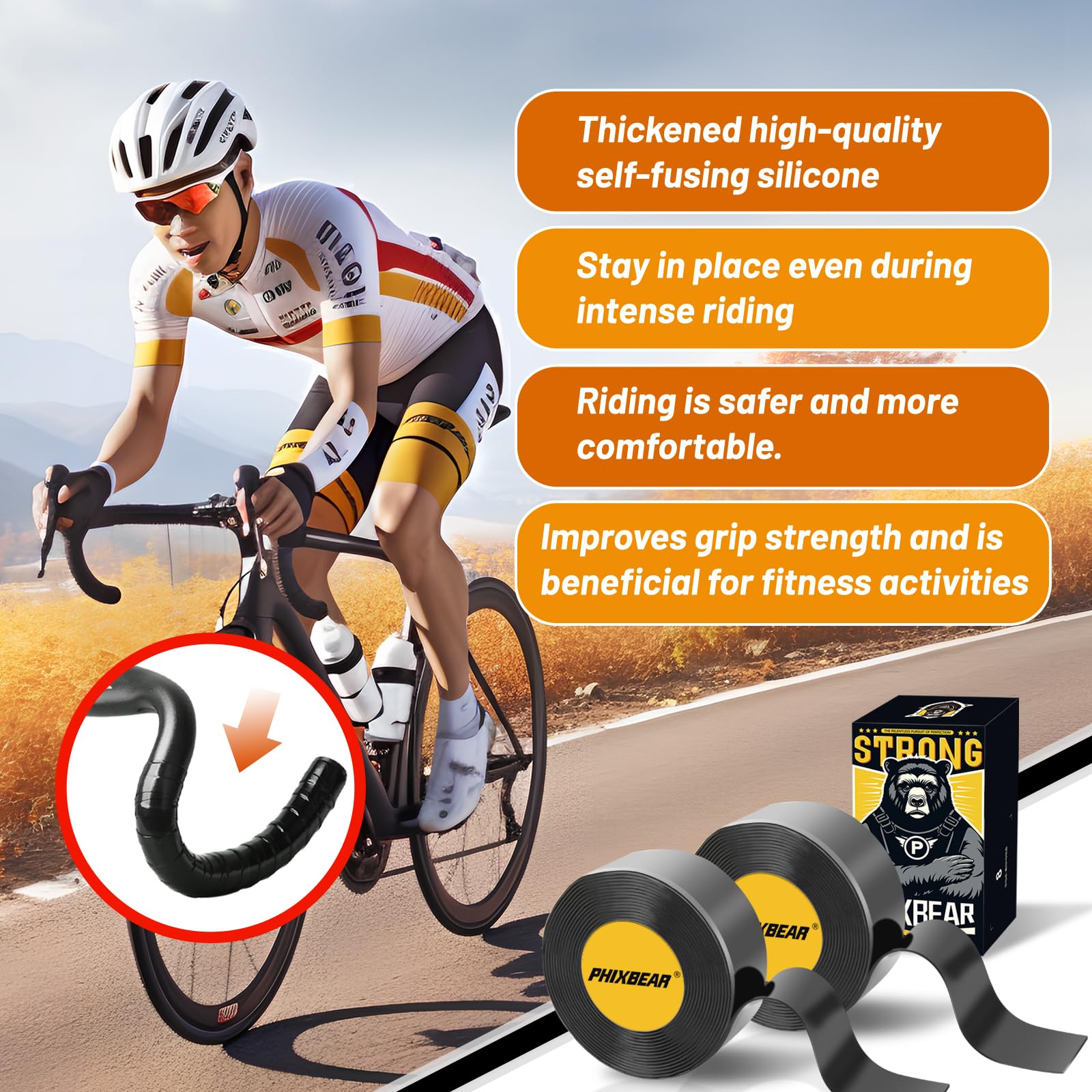 PHIXBEAR 2 Rolls Bike Handlebar Tape, Baseball Bat Grip Tape, Self Fusing Silicone Tape, 1in X 3.3FT