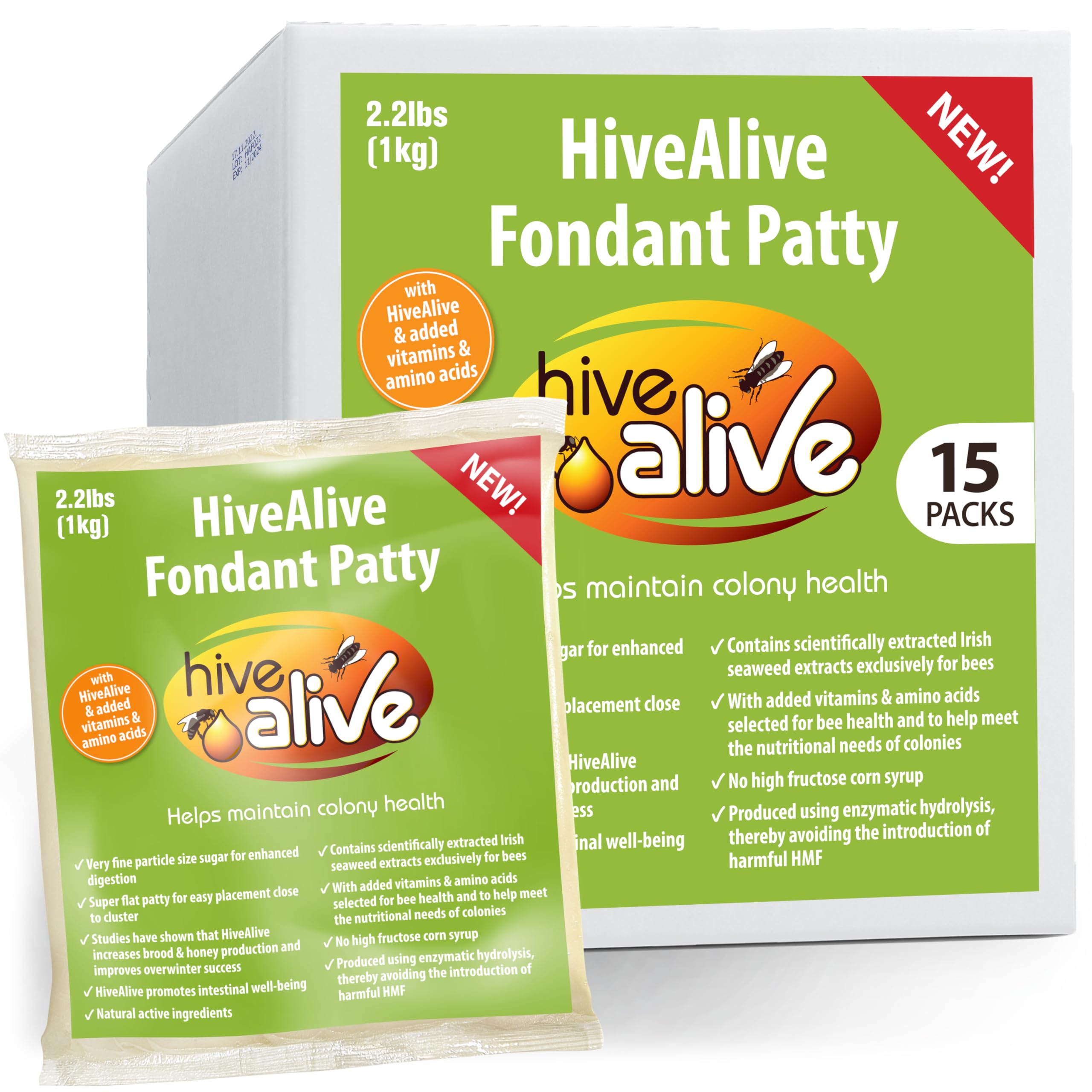 Hive Alive Fondant Bee Food Supplement – Easy to Use Feed Enhancer Prevents Starvation During Overwintering – Only Fondant with Hive Alive Proven to Increase Bee Gut Health and Boost Production-15Pack