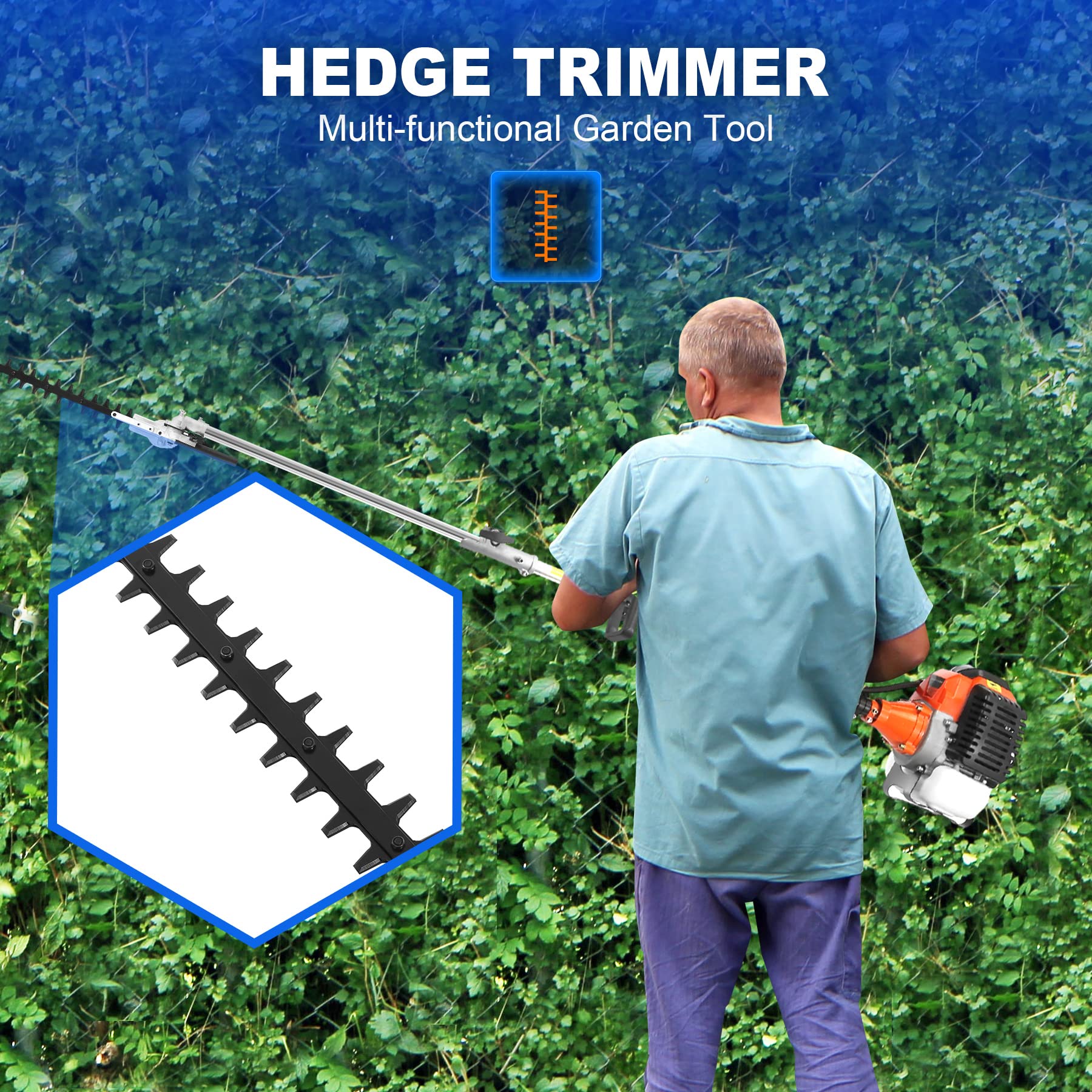 Iglobalbuy 52cc 2-Stroke 5 in 1 Garden Hedge Trimmer Combo, Gas Powered Long Reach Pole Saw Grass String Trimmer Brush Tree Cutter Pruner Weed Eater Multi Functional Garden Trimming Tools