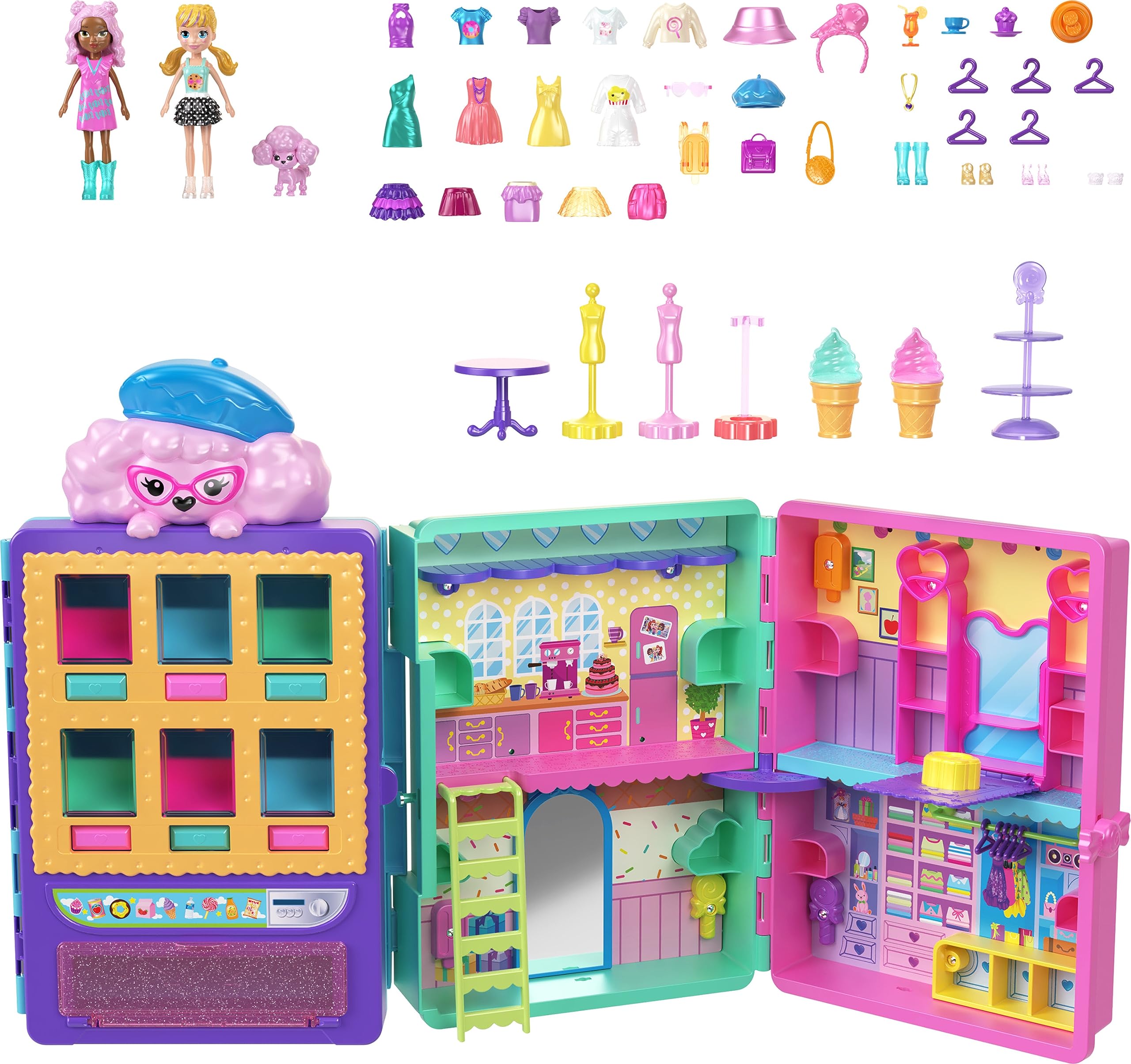 Polly Pocket Toy Vending Machine Playset, Candy Style Fashion Drop with 2 Dolls (3-inch), 1 Pet & 35+ Accessories