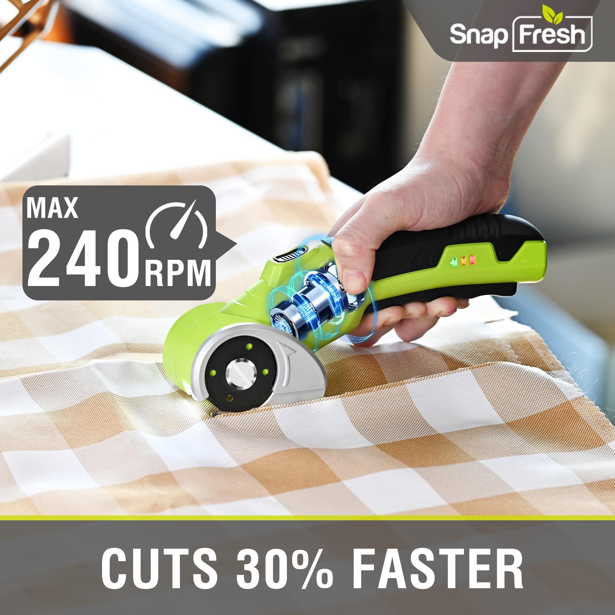 SnapFresh 4V Cordless Electric Scissors-Rechargeable Rotary Box Cutter w/ 2.0Ah Battery, 2 Self-Sharpening Blades, LED Light & Safety Lock,Carpet Cutter Tool for Cardboard, Fabric, Leather, Plastic