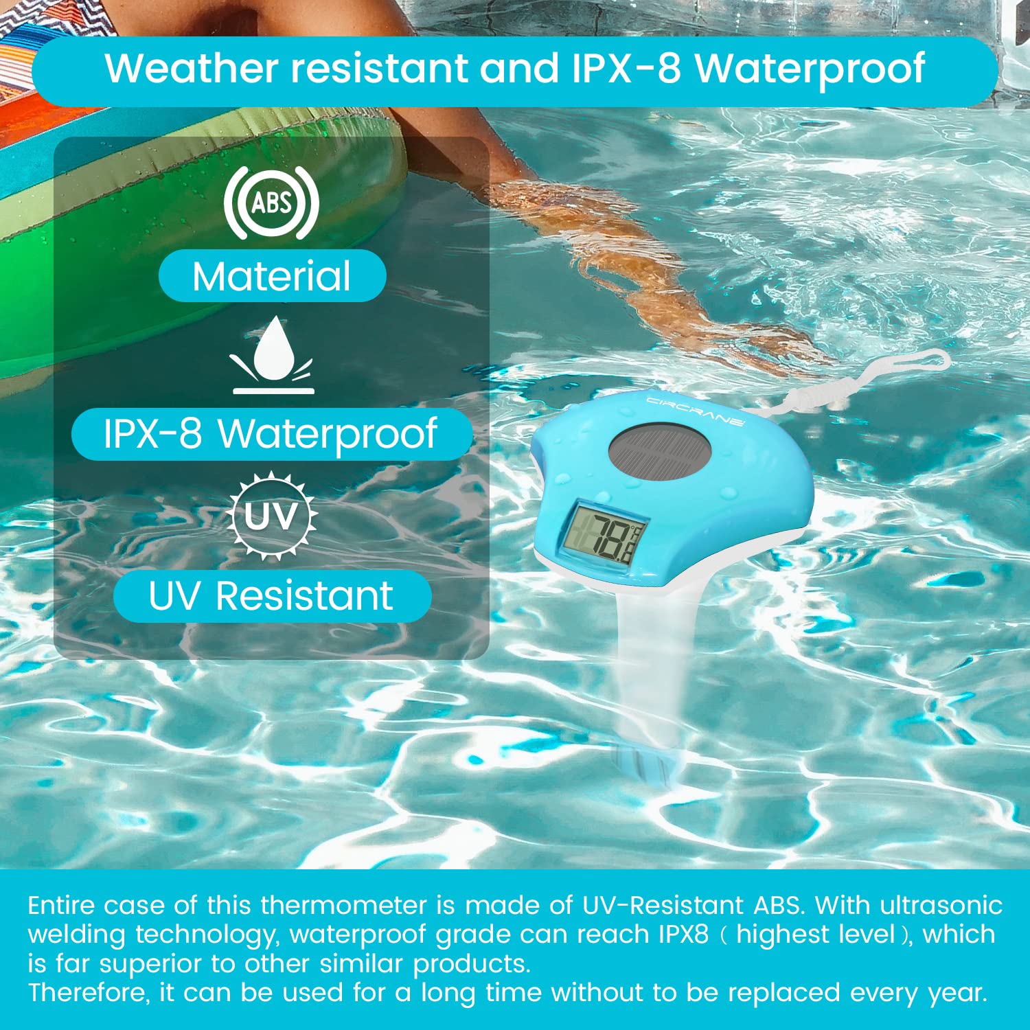 Circrane Solar Digital Pool & Spa Thermometer, Weather Resistant Floating Thermometer, IPX-8 Water Proof, 10s Measuring Cycle, Solar Powered with 270 Days Battery Life, Blue