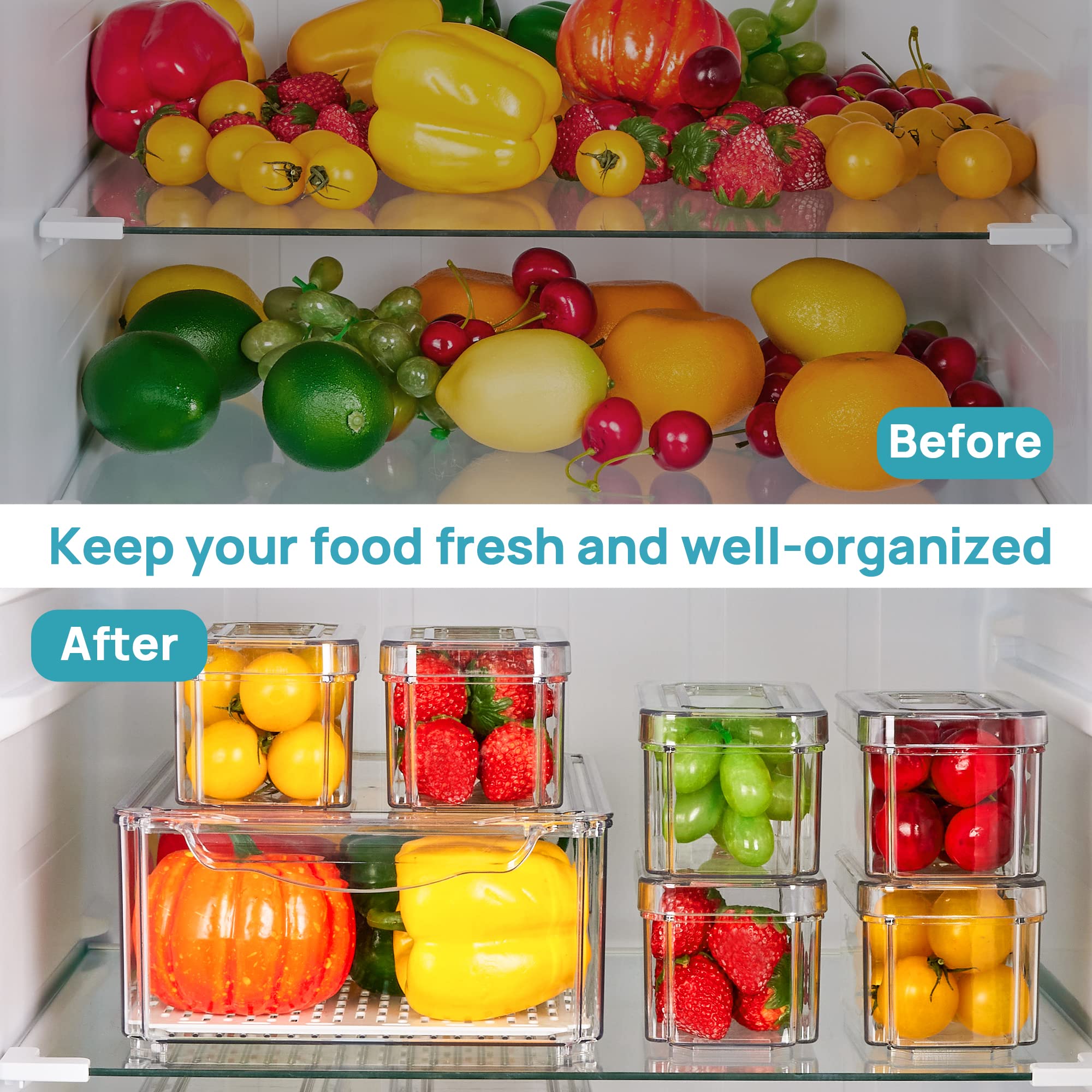 Vtopmart Set of 7 Fridge Organizer, Stackable Fruit Storage Containers for Fridge with lids, BPA-Free Refrigerator Organizer Bins with Drain Tray for Vegetables, Fruits, Food, Drinks
