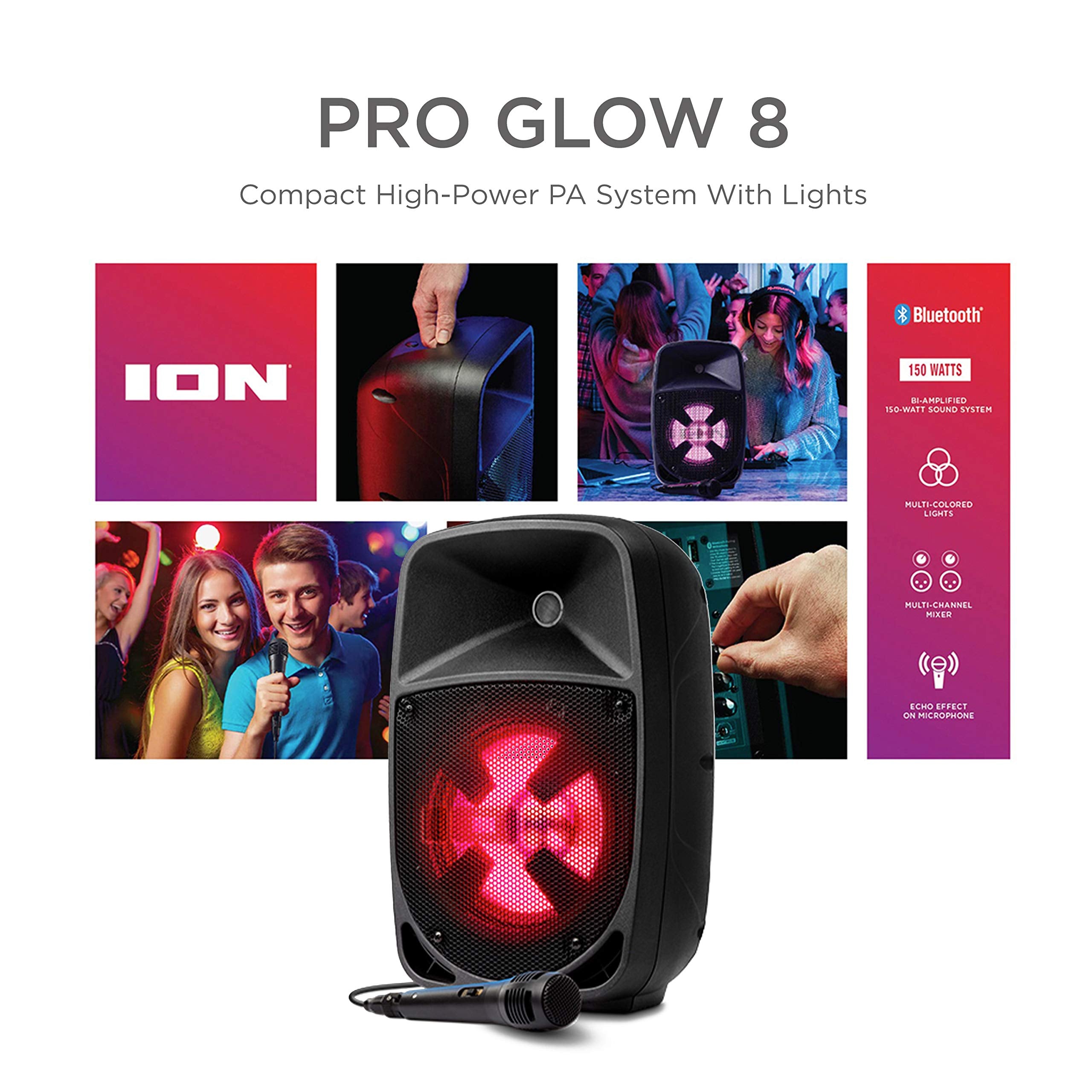 ION Audio Pro Glow 8 - 150W Wireless Bluetooth Speaker Portable PA System With Karaoke Microphone, Vocal Effects, USB/SD Playback and FM Radio