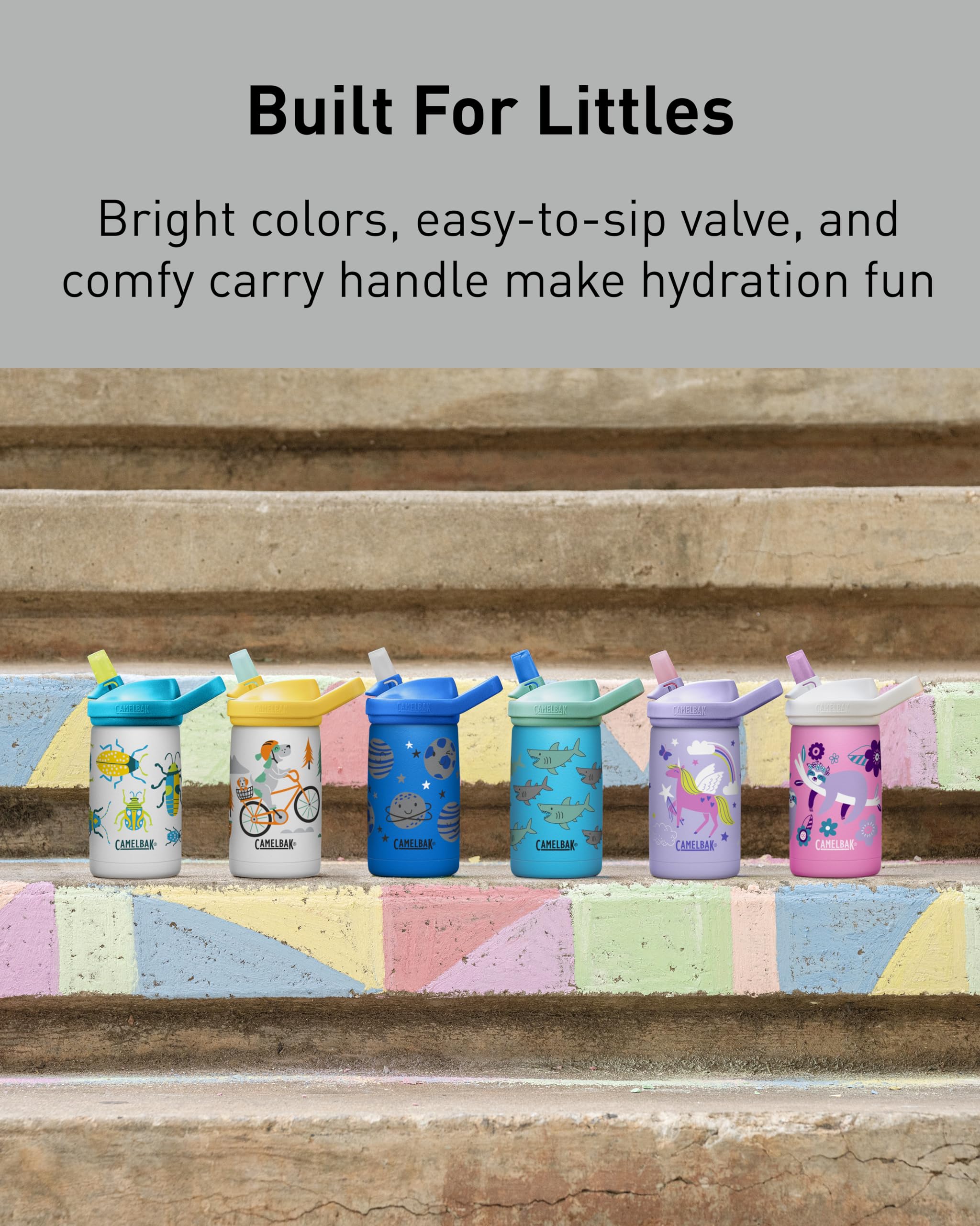 CamelBak Eddy+ Kids Bite Valve Straw Insulated Stainless Steel Water Bottle Space Smiles, 12oz