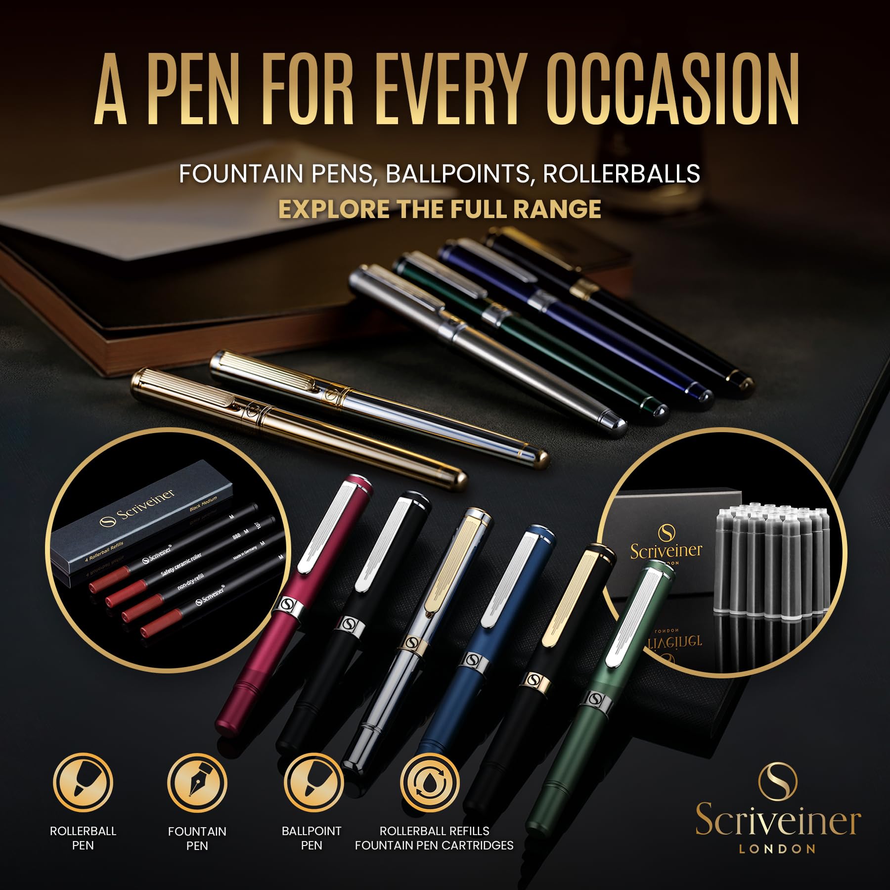 Scriveiner Silver Chrome Rollerball Pen - Stunning Luxury Pen with 24K Gold Finish, Schmidt Ink Refill, Best Roller Ball Pen Gift Set for Men & Women, Professional, Executive Office, Nice, Fancy Pens