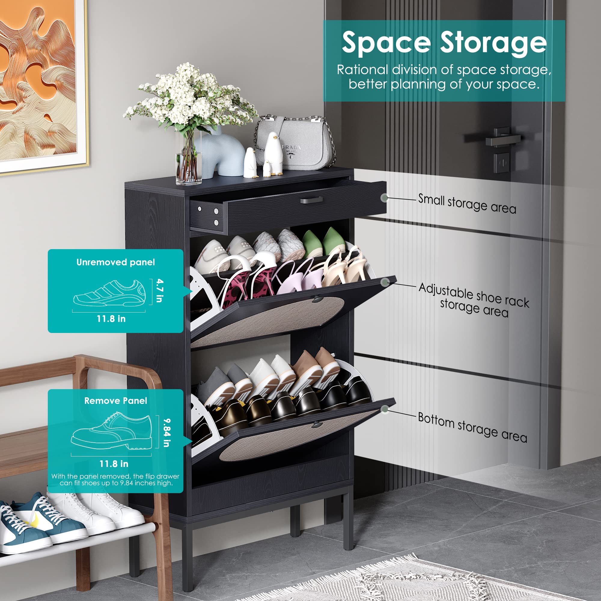 Yechen Shoe Rack Storage Organizer with 2 Natural Semi-Circular Rattan Doors, Entryway Wooden Shoe Cabinet for Sneakers, Leather Shoes, High Heels, Slippers (Black)